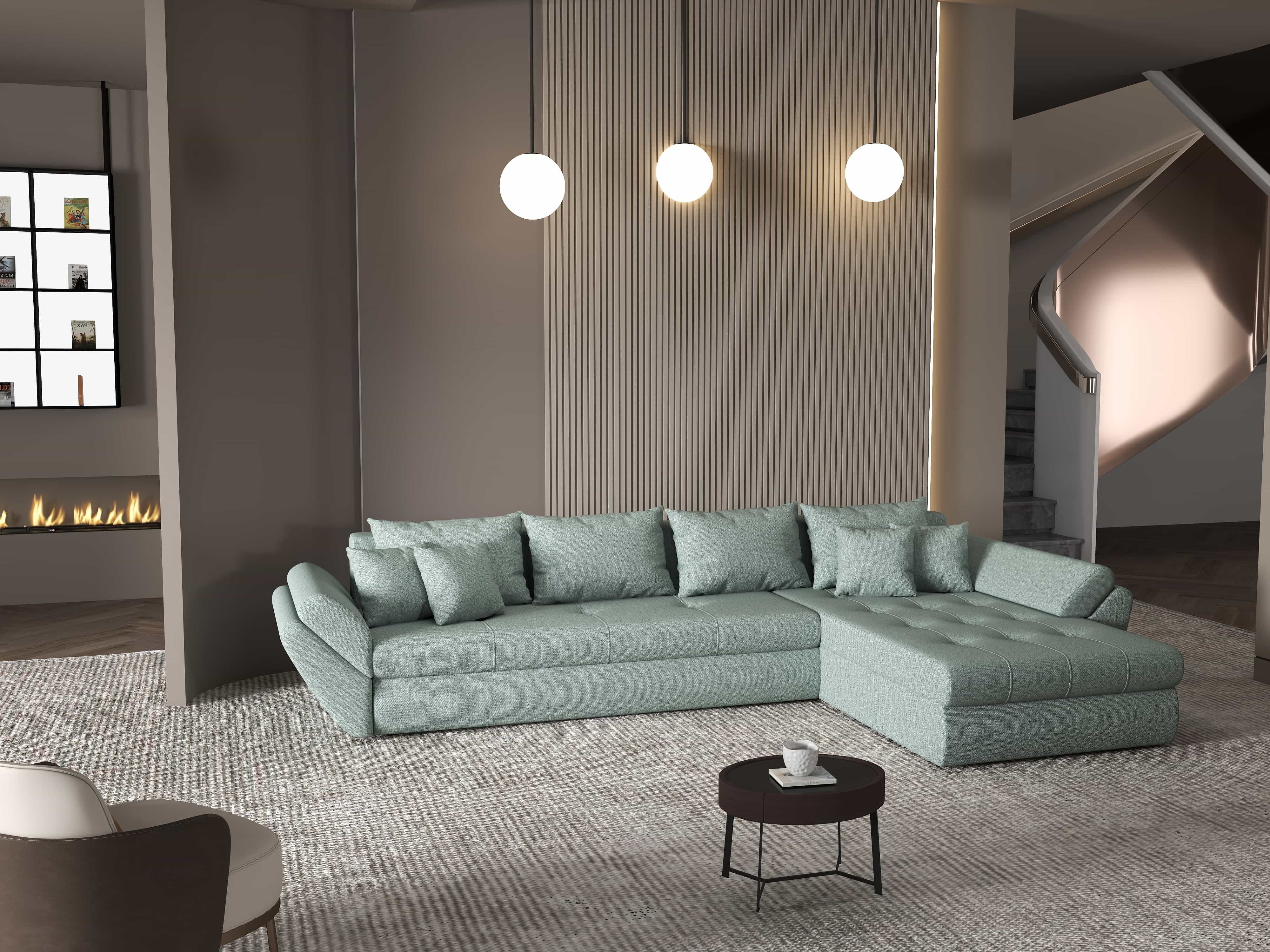 Colțar extensibil dumonde cu ladă de depozitare si sezut confortabil din spuma HR, Loana XL Enjoy Mint II 335x185 cm Fabrica