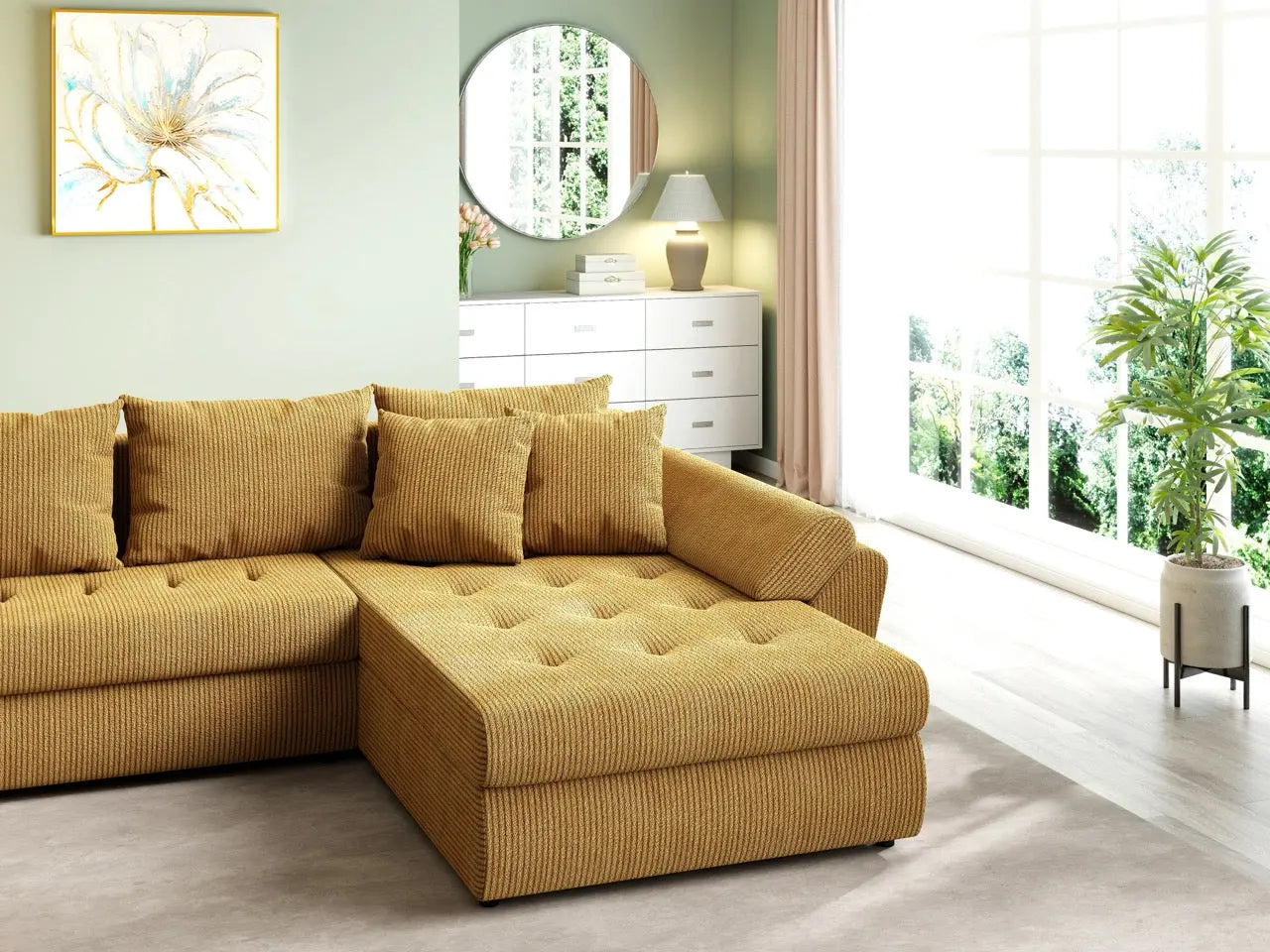 Colțar extensibil dumonde cu ladă de depozitare si sezut confortabil din spuma HR, Loana U Zoom Mustar 355x185 cm Fabrica