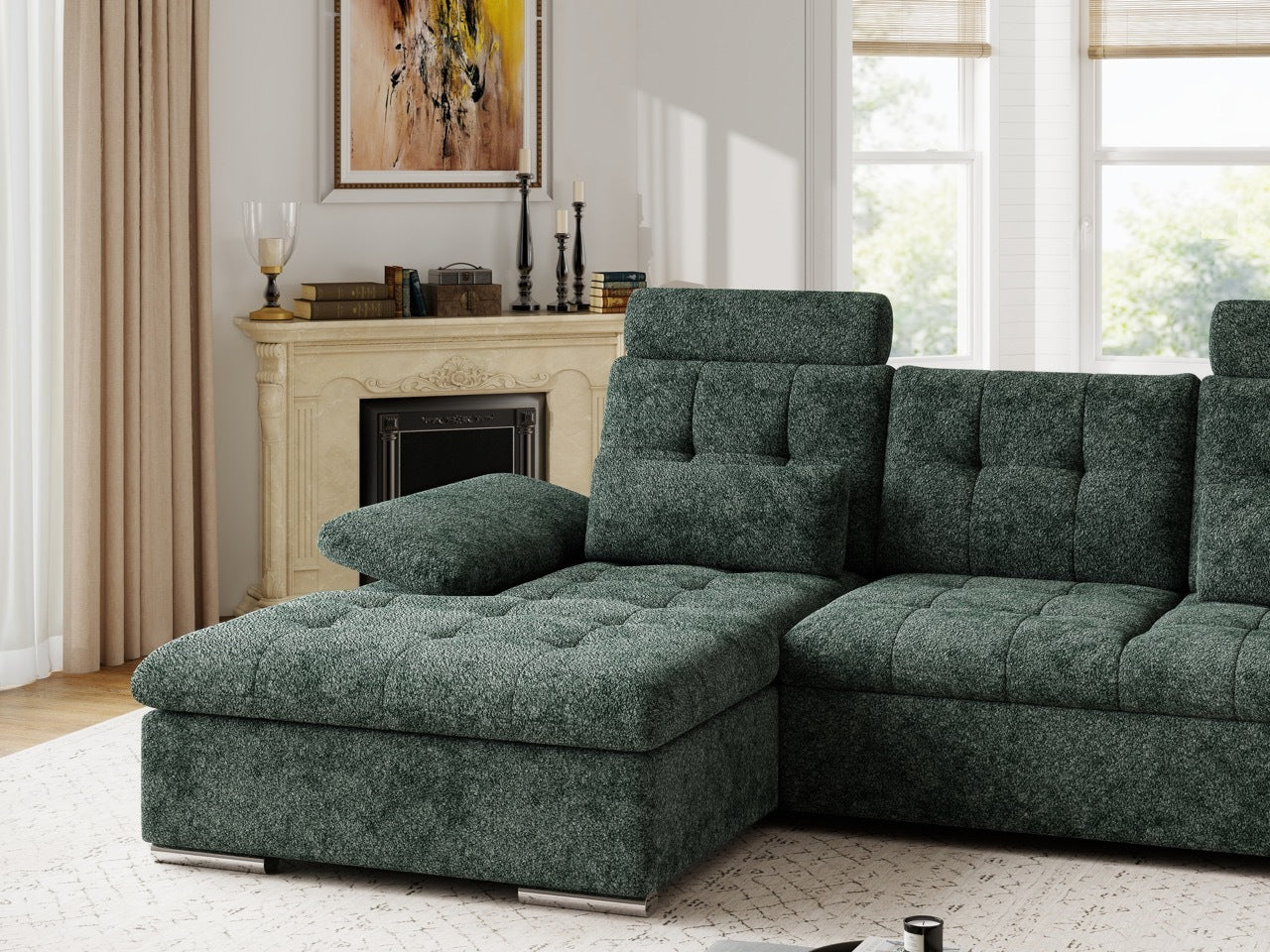 Colțar extensibil dumonde cu ladă de depozitare și șezut confortabil din spumă HR, Merkur Euphoria Verde 270x168 cm