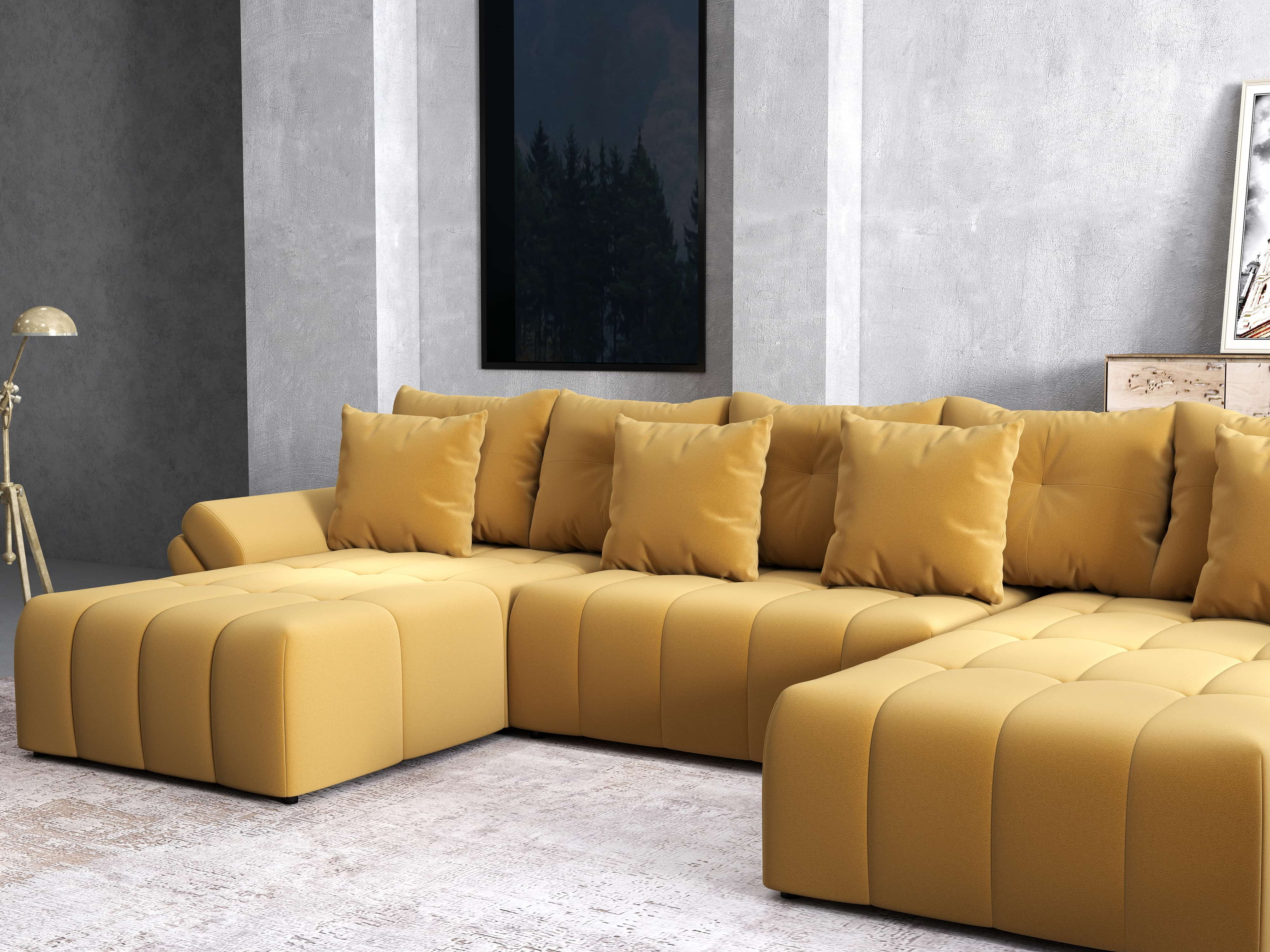 Colțar extensibil dumonde cu ladă de depozitare si sezut confortabil din spuma HR, Berlin U Royal Mustar 380x180 cm Fabrica