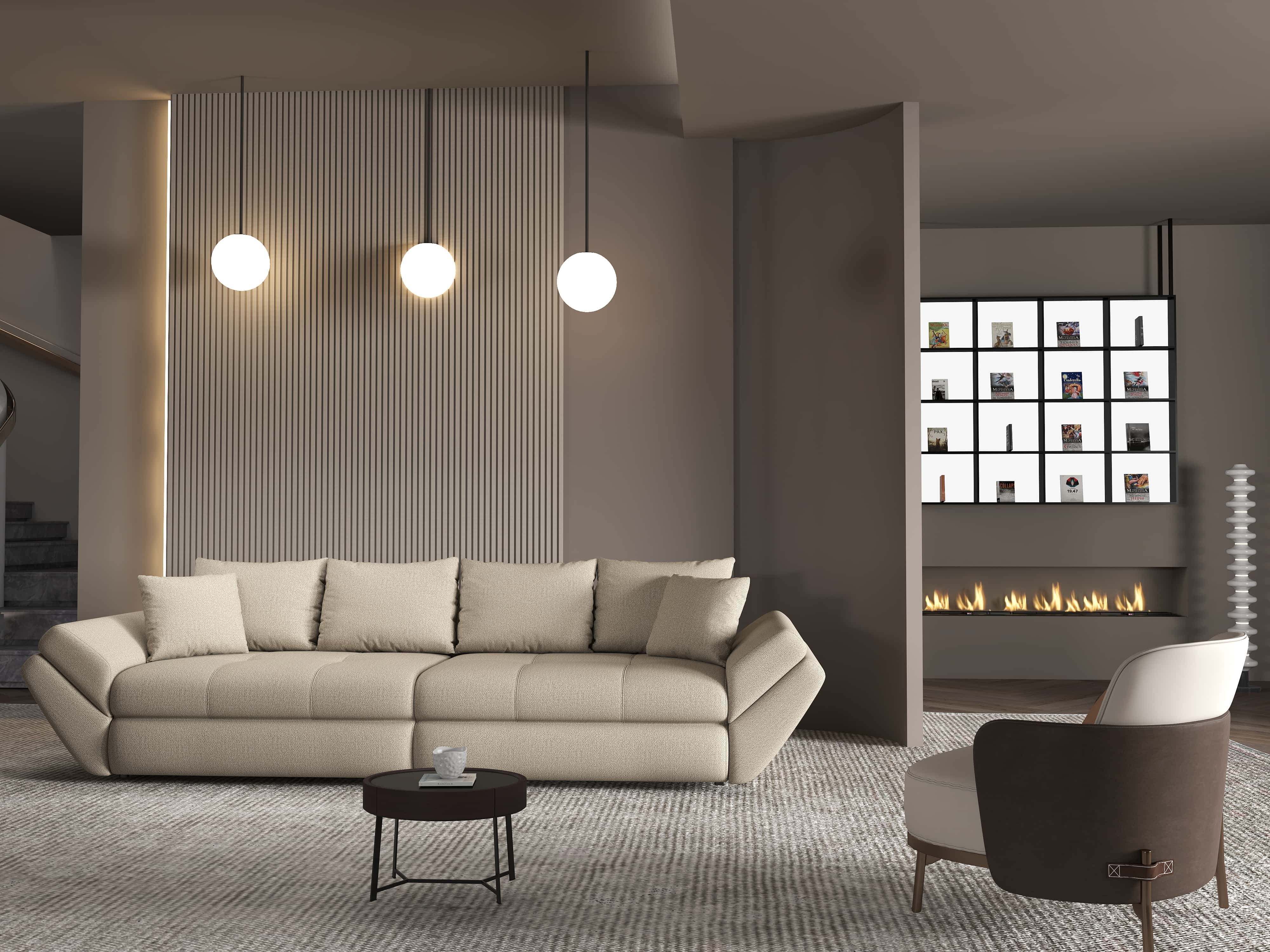 Canapea extensibilă dumonde cu ladă de depozitare si sezut confortabil din spuma HR, Loana Enjoy Camel 300x100 cm Fabrica