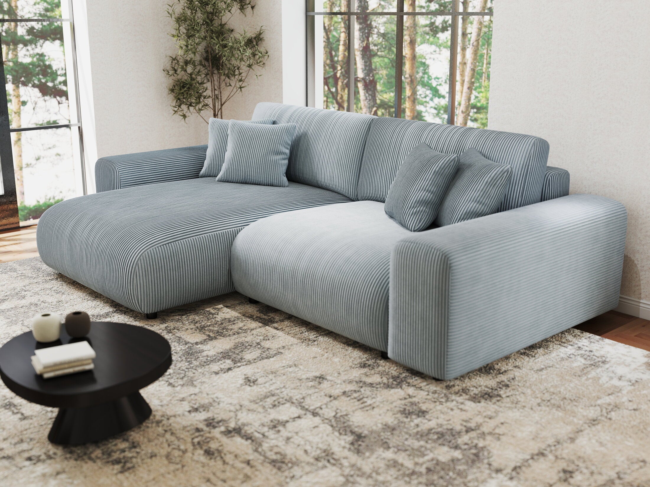 Colțar extensibil dumonde cu ladă de depozitare si sezut confortabil din spuma HR, Sarina Zoom Gri Mint 255x168 cm