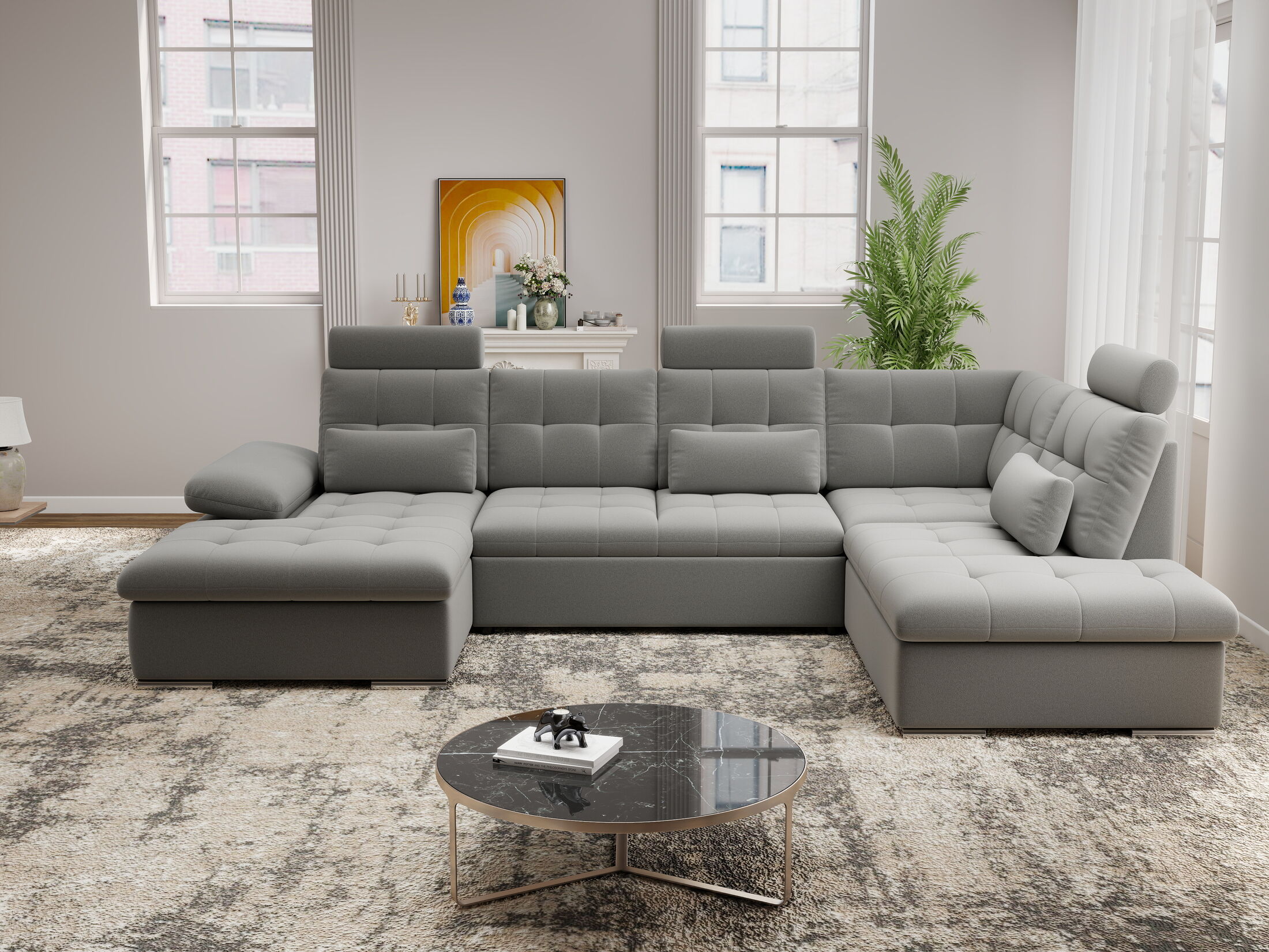 Colțar extensibil dumonde cu ladă de depozitare și șezut confortabil din spumă HR, Merkur U Royal Gri 324x218 cm