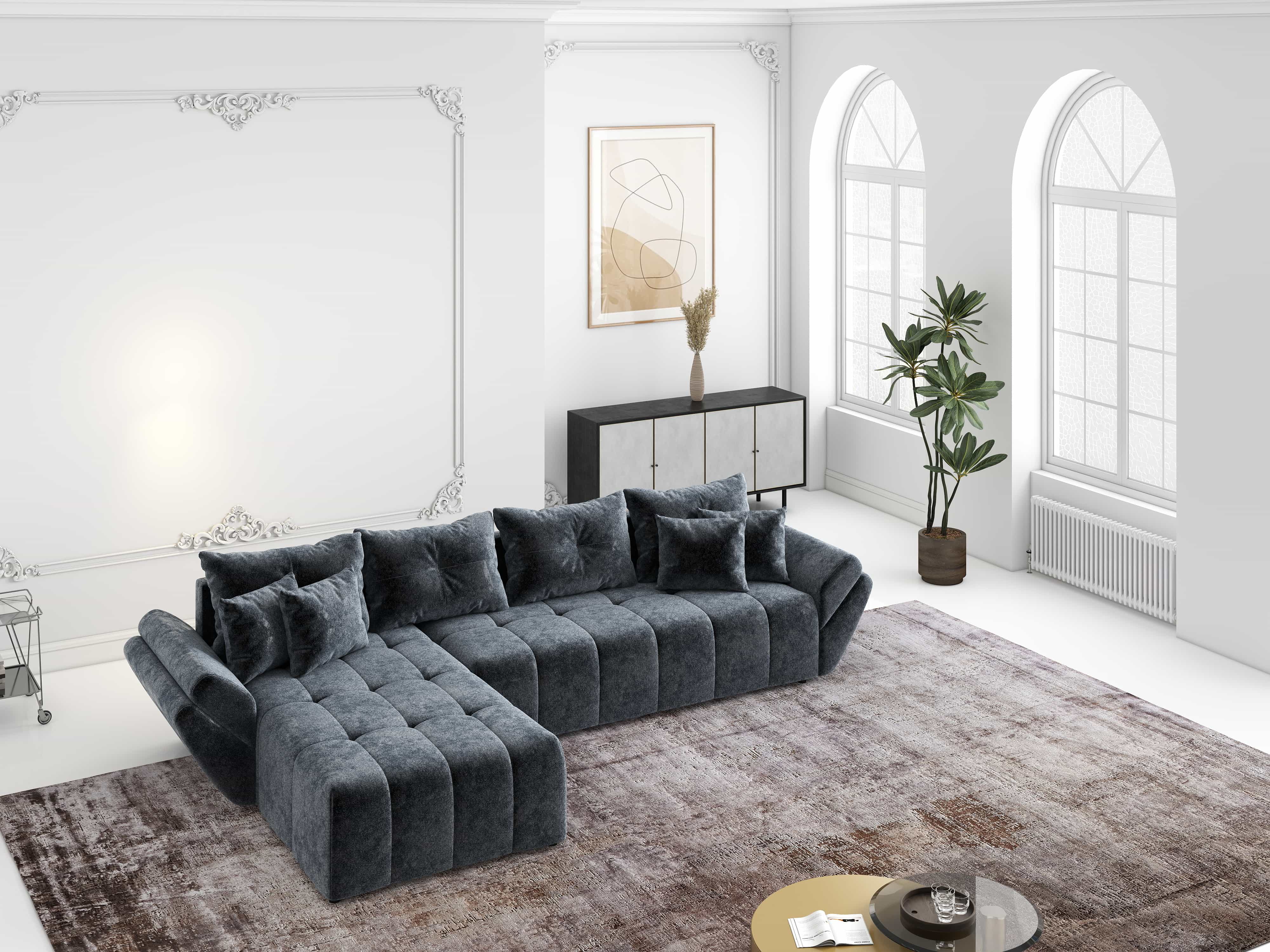 Colțar extensibil dumonde cu ladă de depozitare si sezut confortabil din spuma HR, Berlin XL Euphoria Graphite 350x185 cm Fabrica