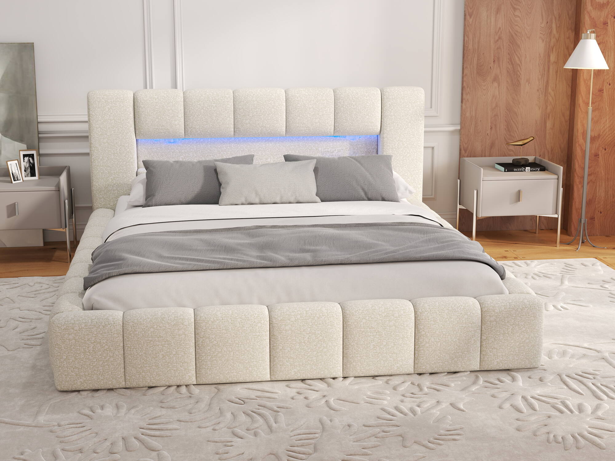 Pat dormitor dumonde, tapitat bej, Palermo 180x200 cm, somiera rabatabila inclusa, spatiu depozitare