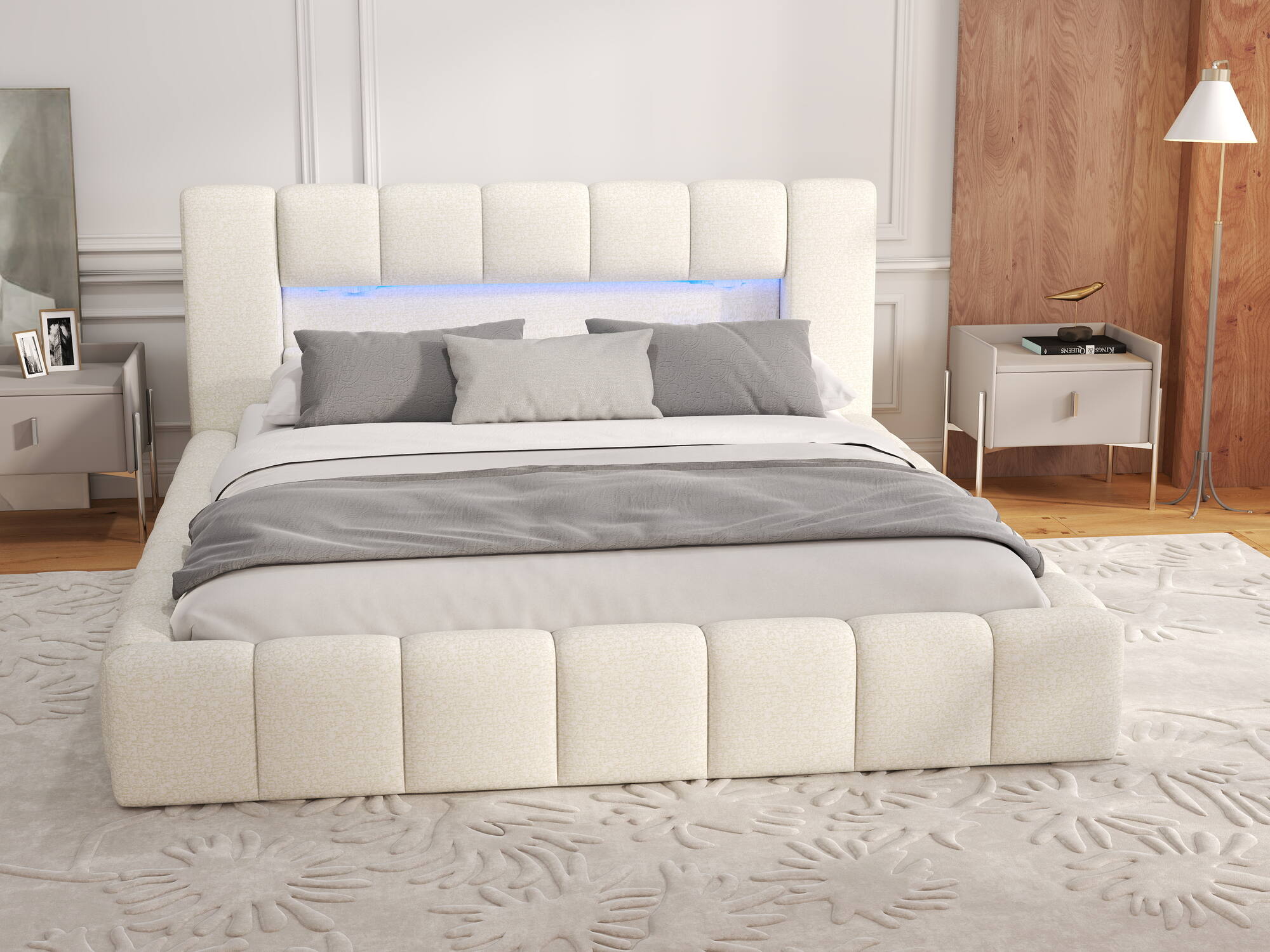 Pat dormitor dumonde, tapitat bej, Palermo 180x200 cm, somiera rabatabila inclusa, spatiu depozitare