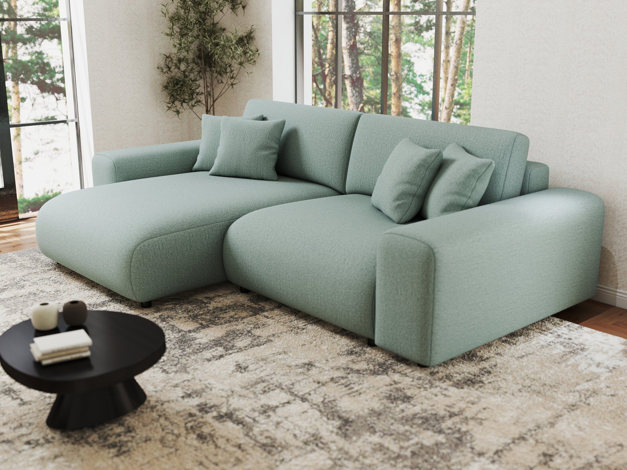 Colțar extensibil dumonde cu ladă de depozitare si sezut confortabil din spuma HR, Sarina Enjoy Verde Mint 255x168 cm