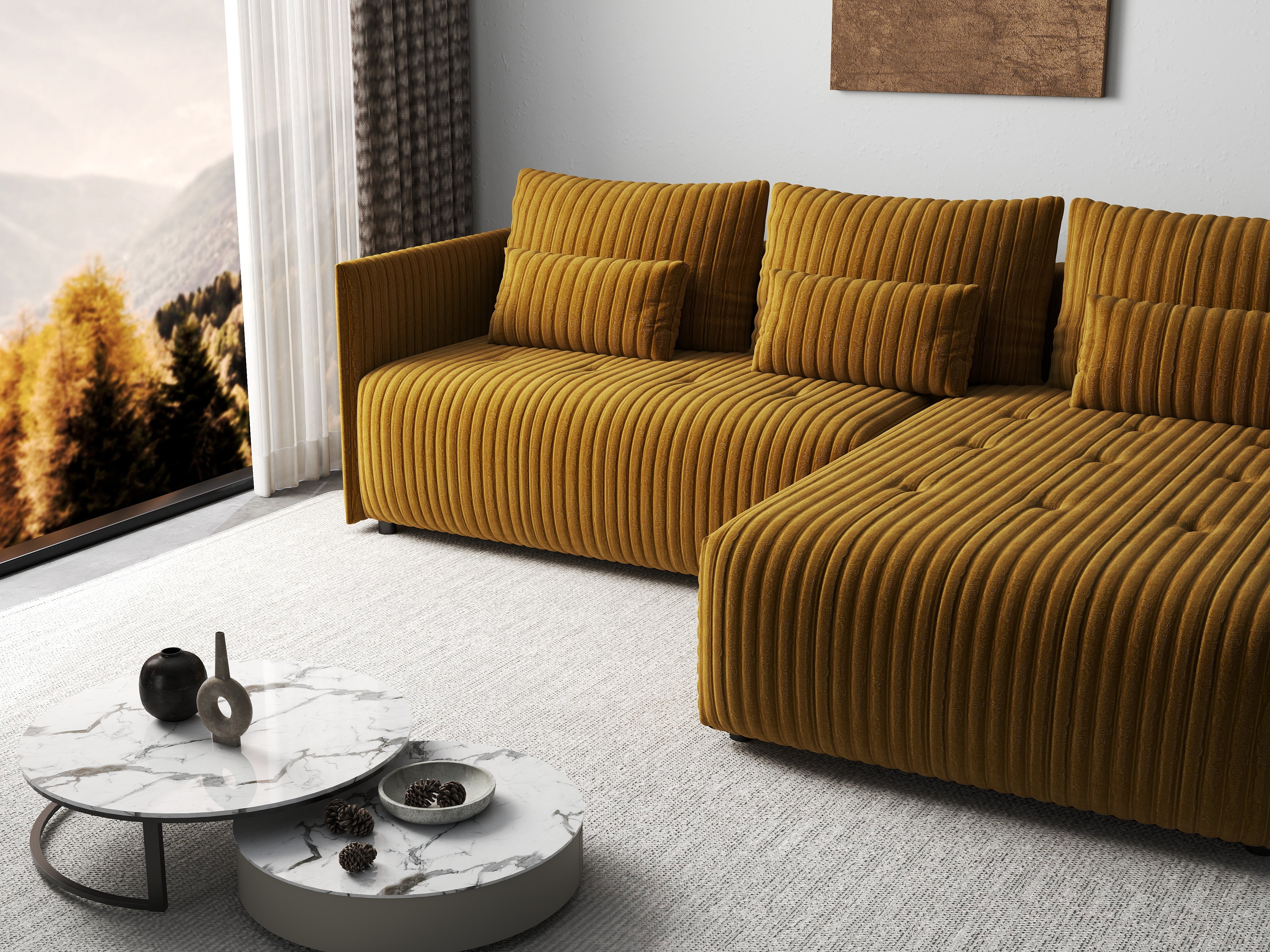 Colțar extensibil dumonde cu ladă de depozitare si sezut confortabil din spuma HR, Malta Ambience Mustard II 235x185 cm Fabrica