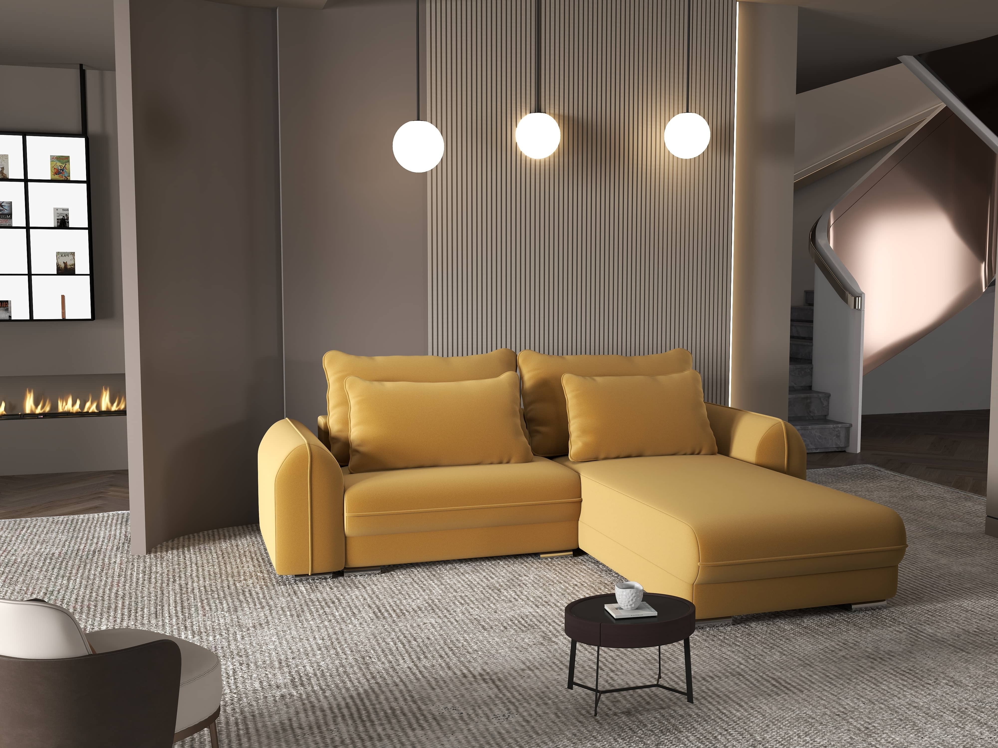 Colțar extensibil dumonde cu ladă de depozitare si sezut confortabil din spuma HR, Denver Royal Mustar 275x185 cm II Fabrica