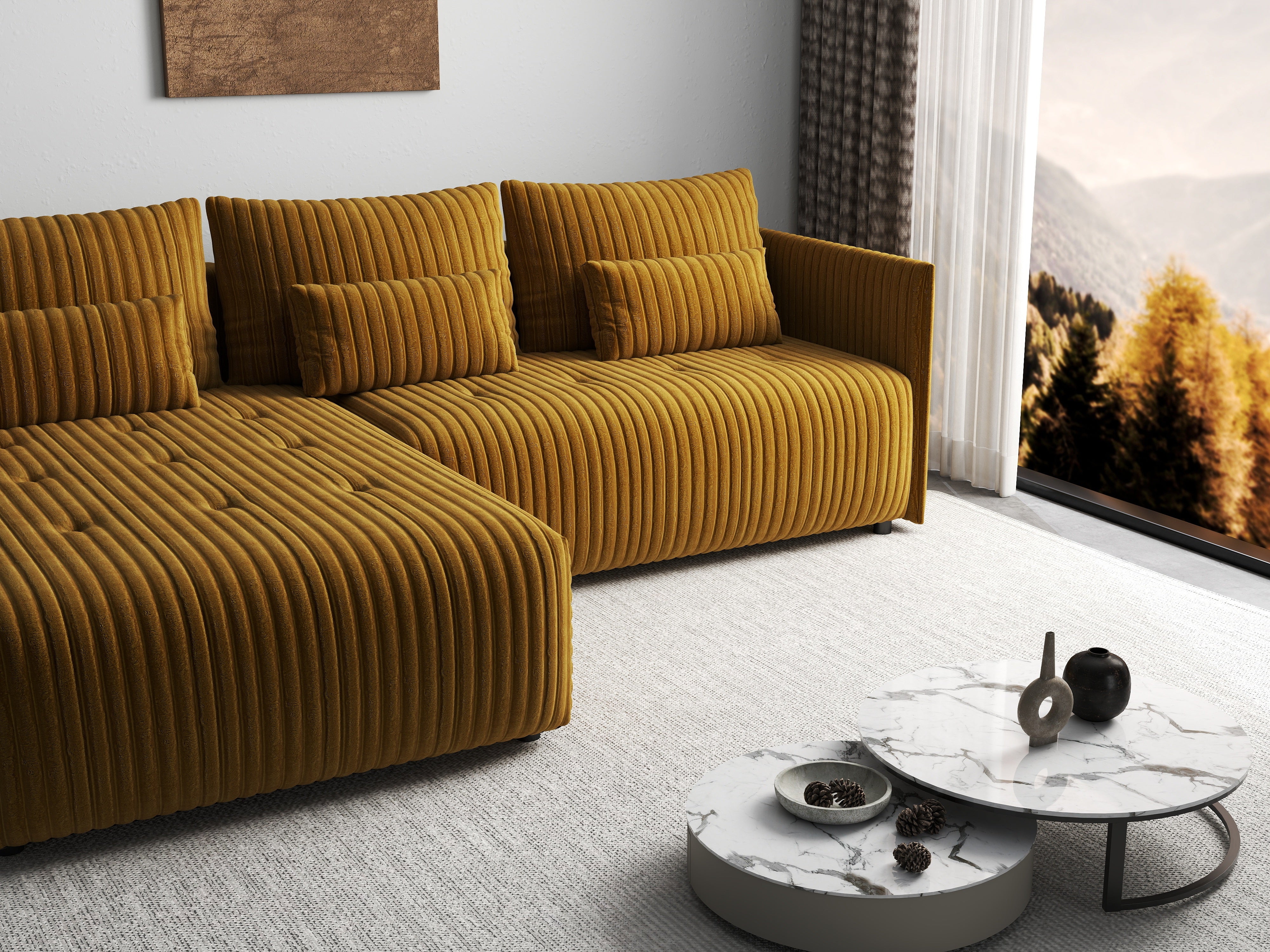 Colțar extensibil dumonde cu ladă de depozitare si sezut confortabil din spuma HR, Malta Ambience Mustard 235x185 cm Fabrica