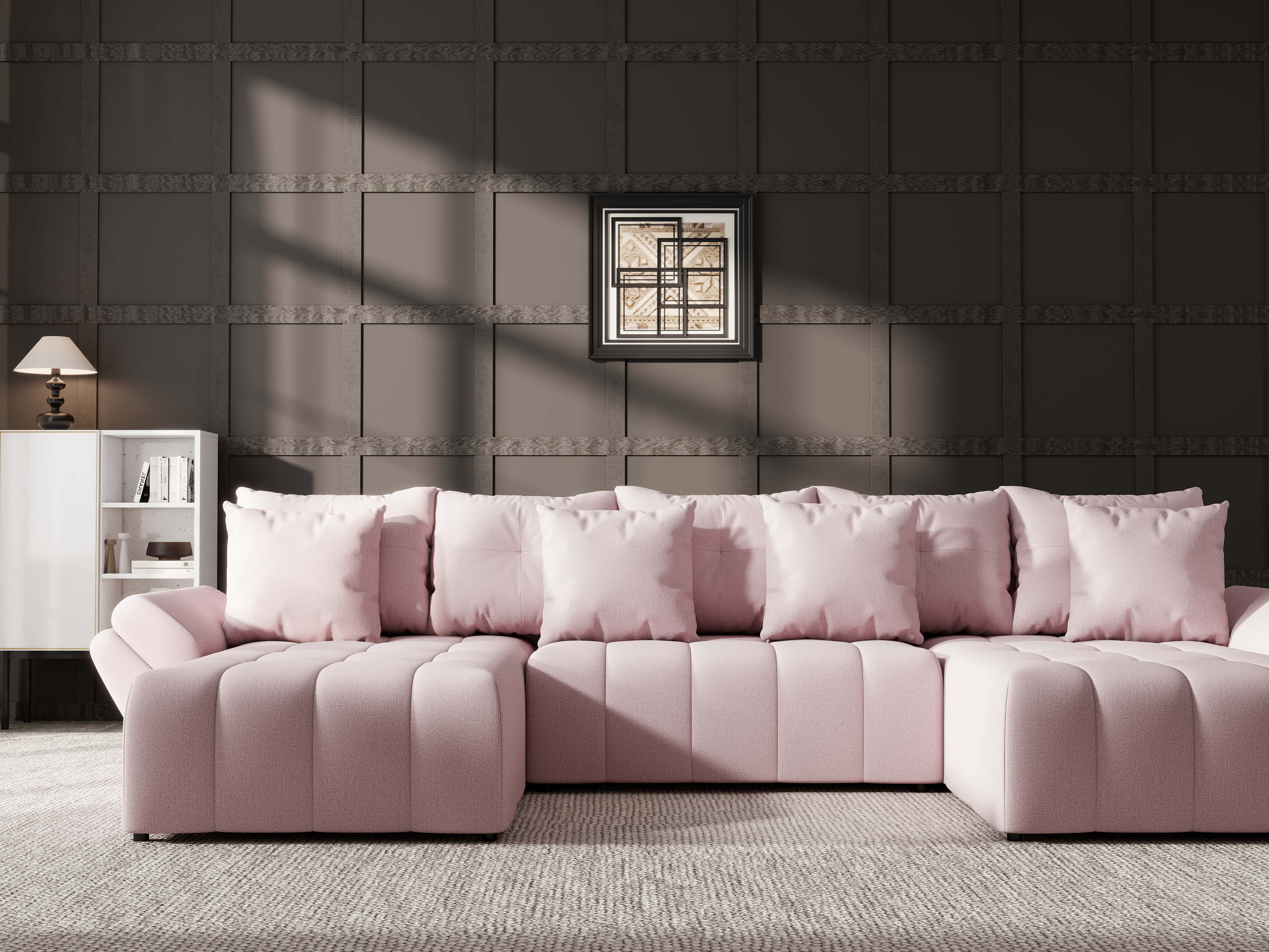 Colțar extensibil dumonde cu ladă de depozitare si sezut confortabil din spuma HR, Berlin U Enjoy Flamingo 380x180 cm Fabrica