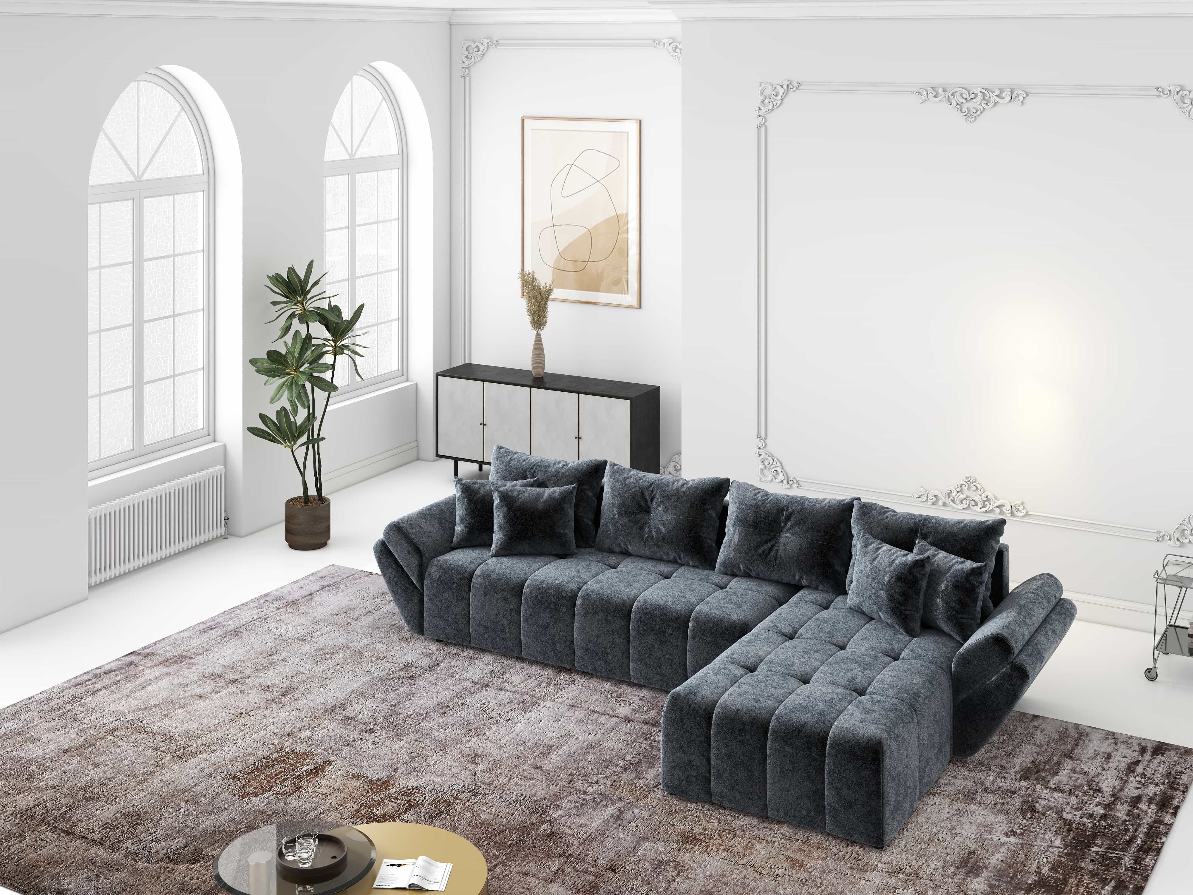 Colțar extensibil dumonde cu ladă de depozitare si sezut confortabil din spuma HR, Berlin XL Euphoria Graphite 350x185 cm II Fabrica