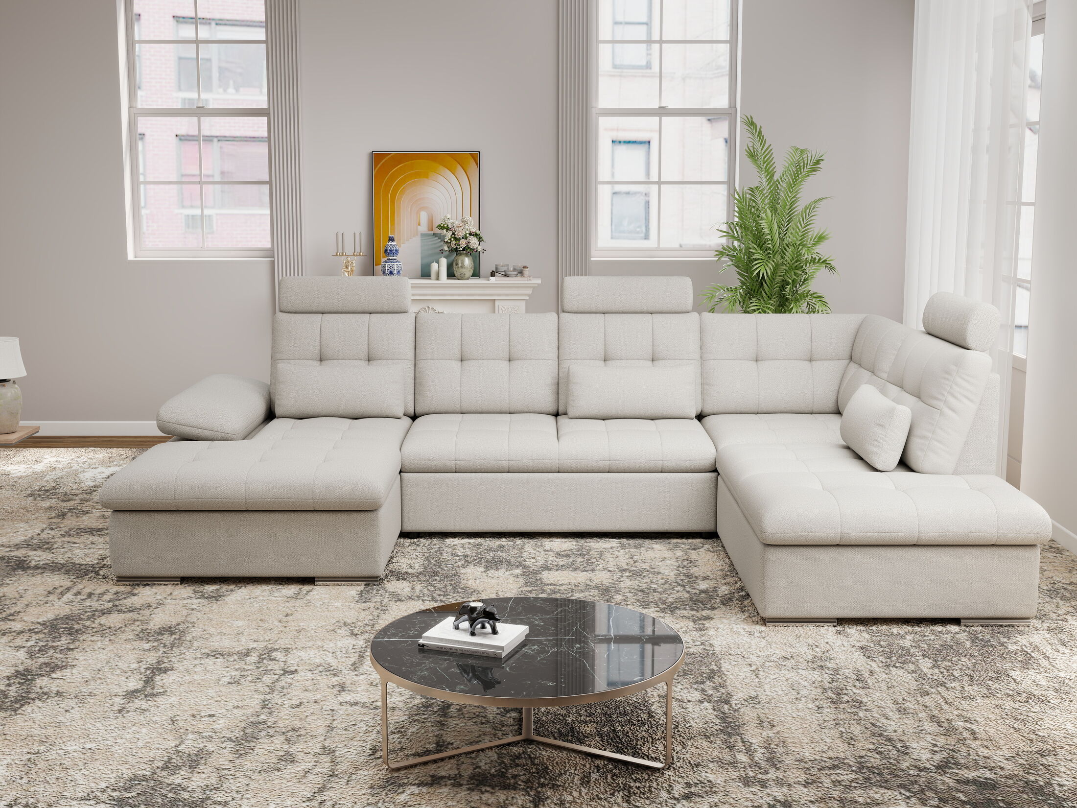 Colțar extensibil dumonde cu ladă de depozitare și șezut confortabil din spumă HR, Merkur U Enjoy Bej 324x218 cm