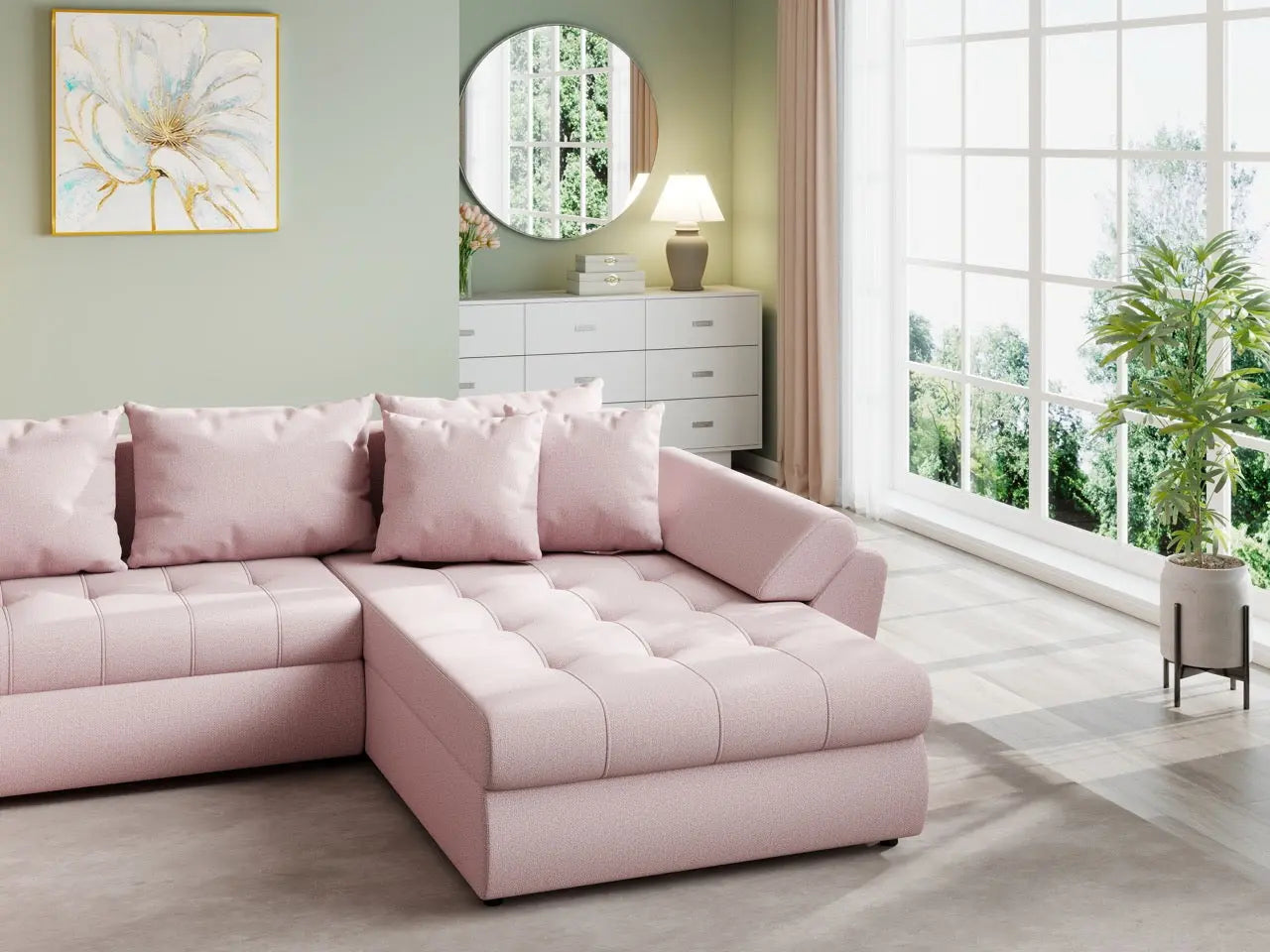 Colțar extensibil dumonde cu ladă de depozitare si sezut confortabil din spuma HR, Loana U Enjoy Flamingo 355x185 cm Fabrica