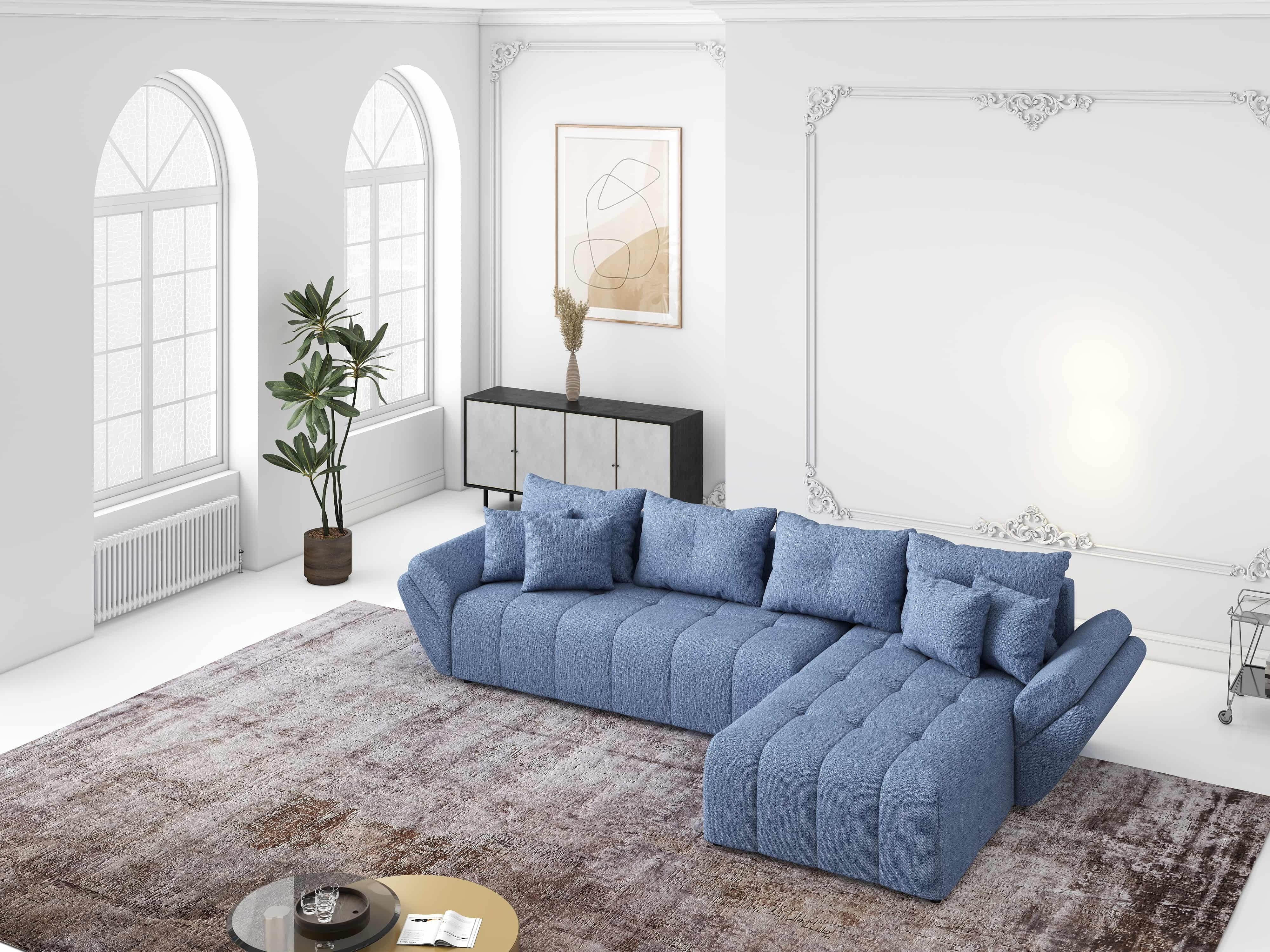 Colțar extensibil dumonde cu ladă de depozitare si sezut confortabil din spuma HR, Berlin XL Enjoy Blue 350x185 cm II Fabrica