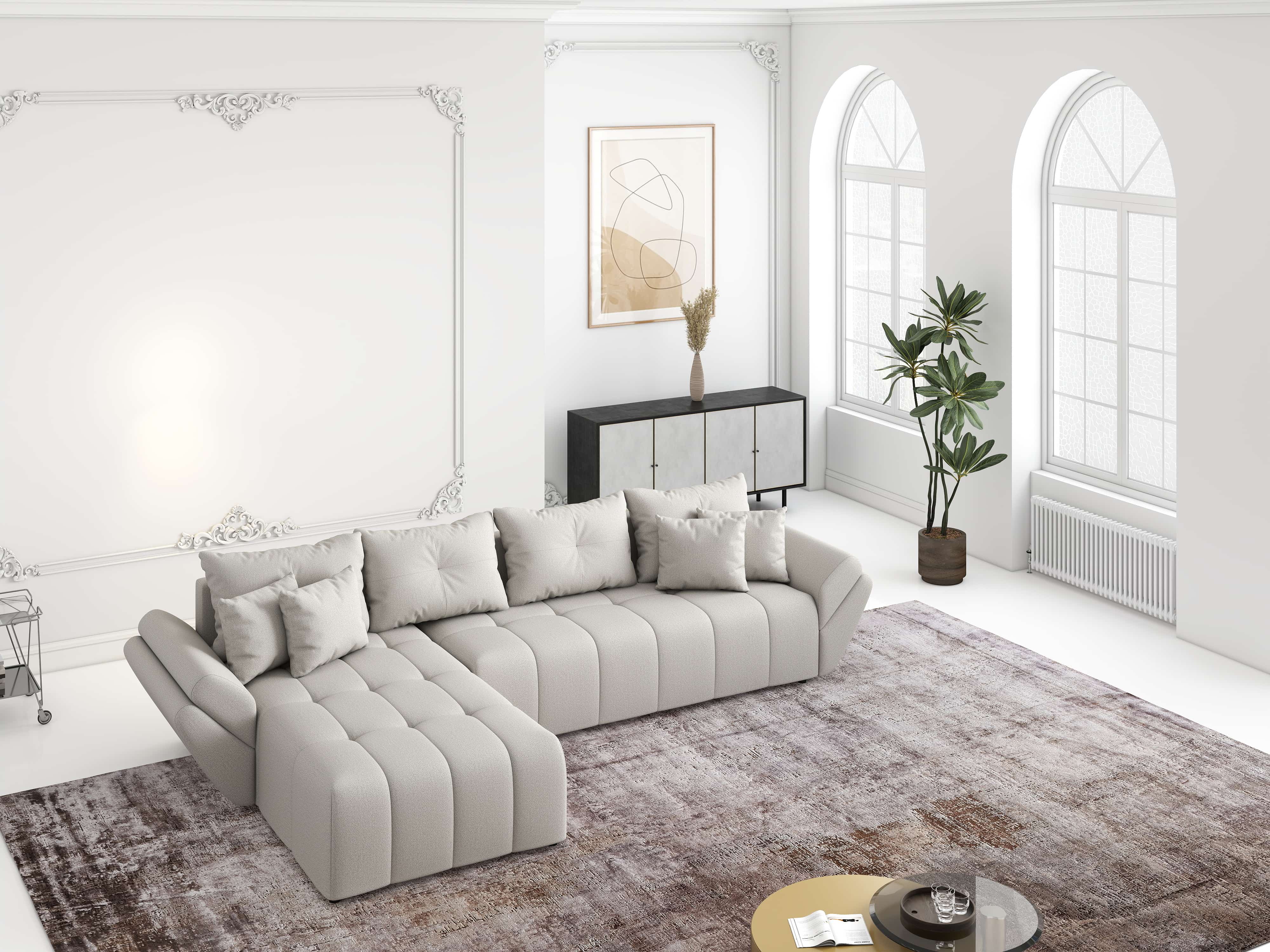 Colțar extensibil dumonde cu ladă de depozitare si sezut confortabil din spuma HR, Berlin XL Enjoy Beige 350x185 cm Fabrica