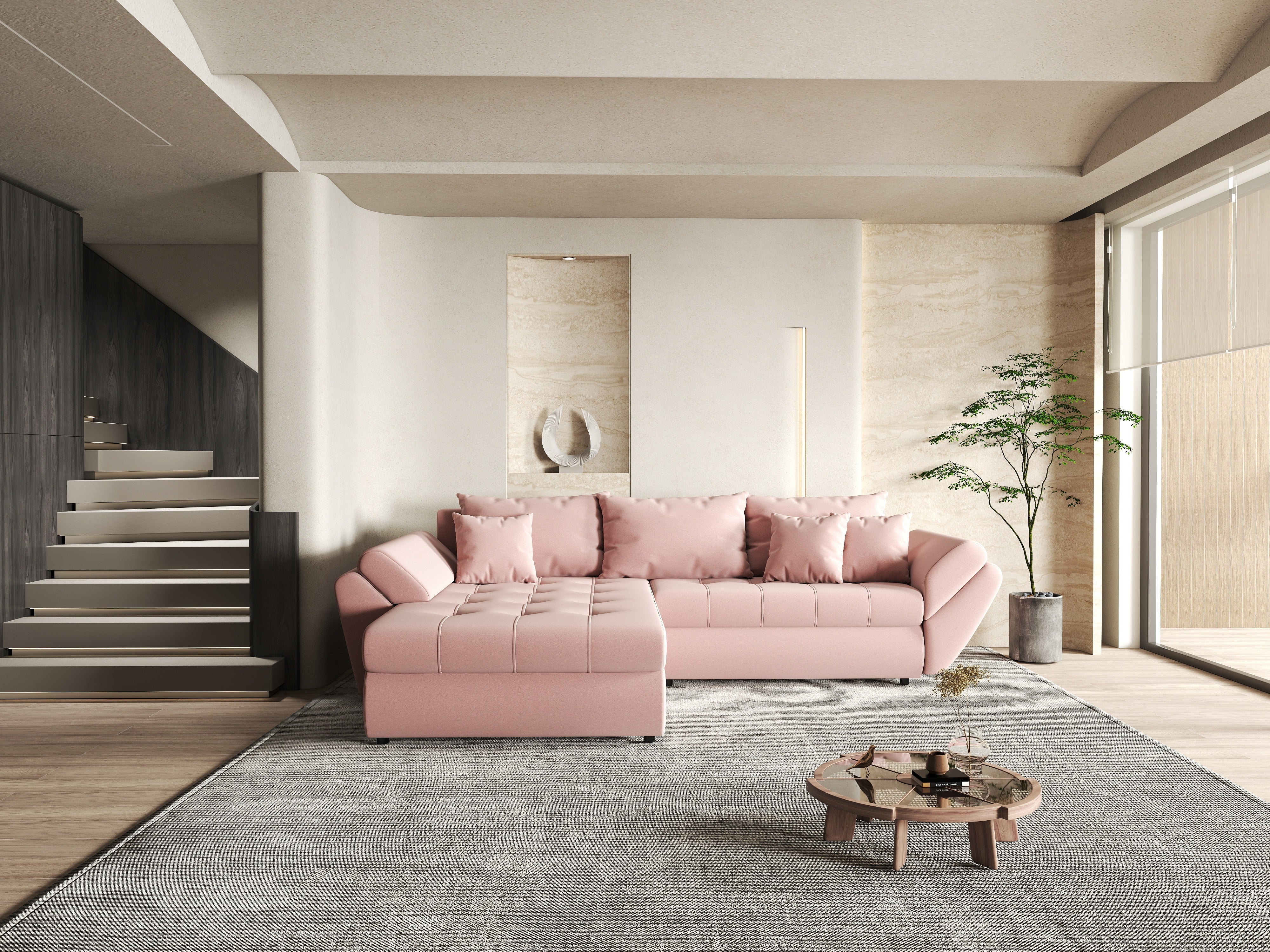 Colțar extensibil dumonde cu ladă de depozitare si sezut confortabil din spuma HR, Loana Royal Pink 270x185 cm Fabrica