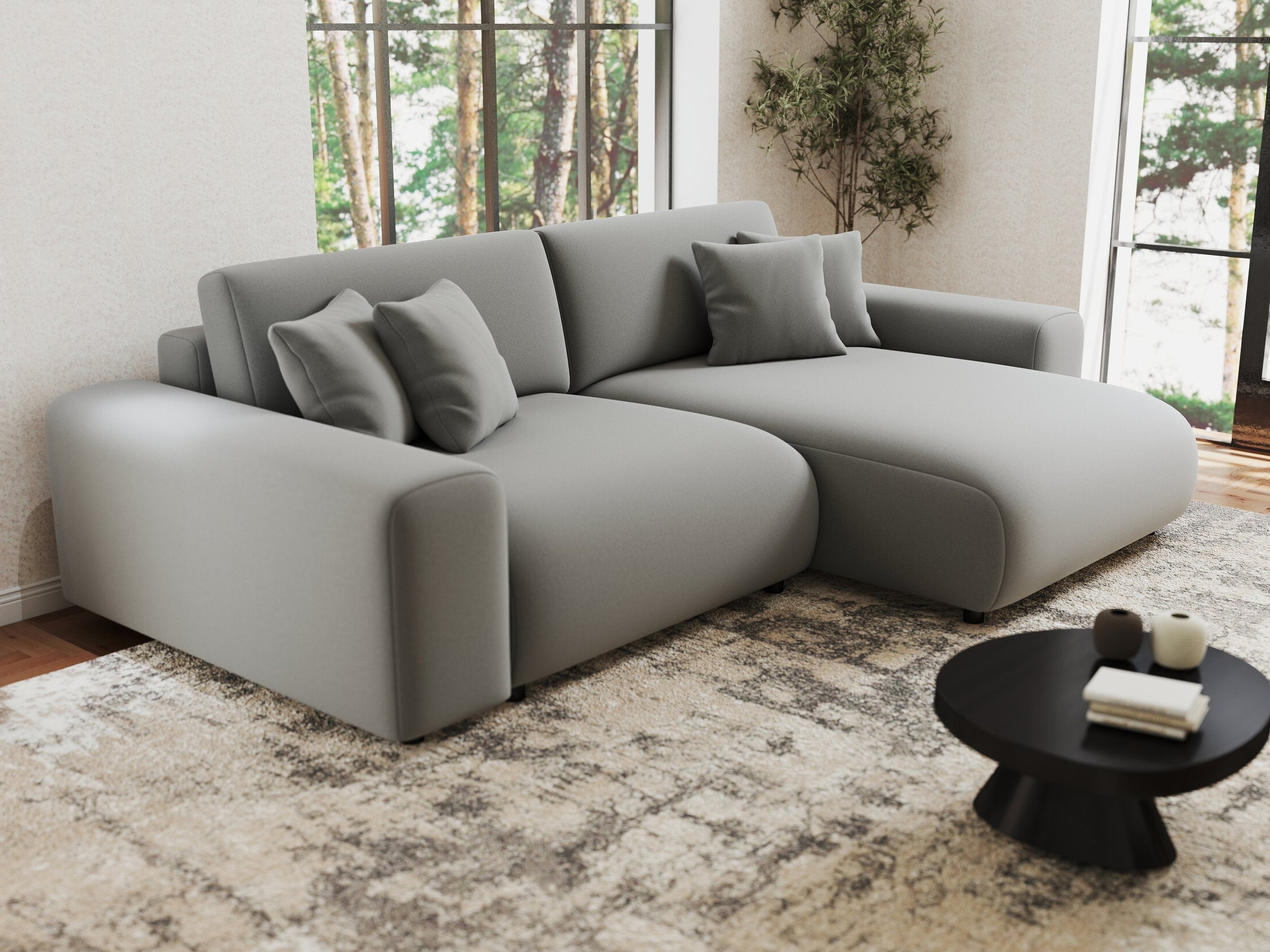 Colțar extensibil dumonde cu ladă de depozitare si sezut confortabil din spuma HR, Sarina Royal Gri 255x168 cm II