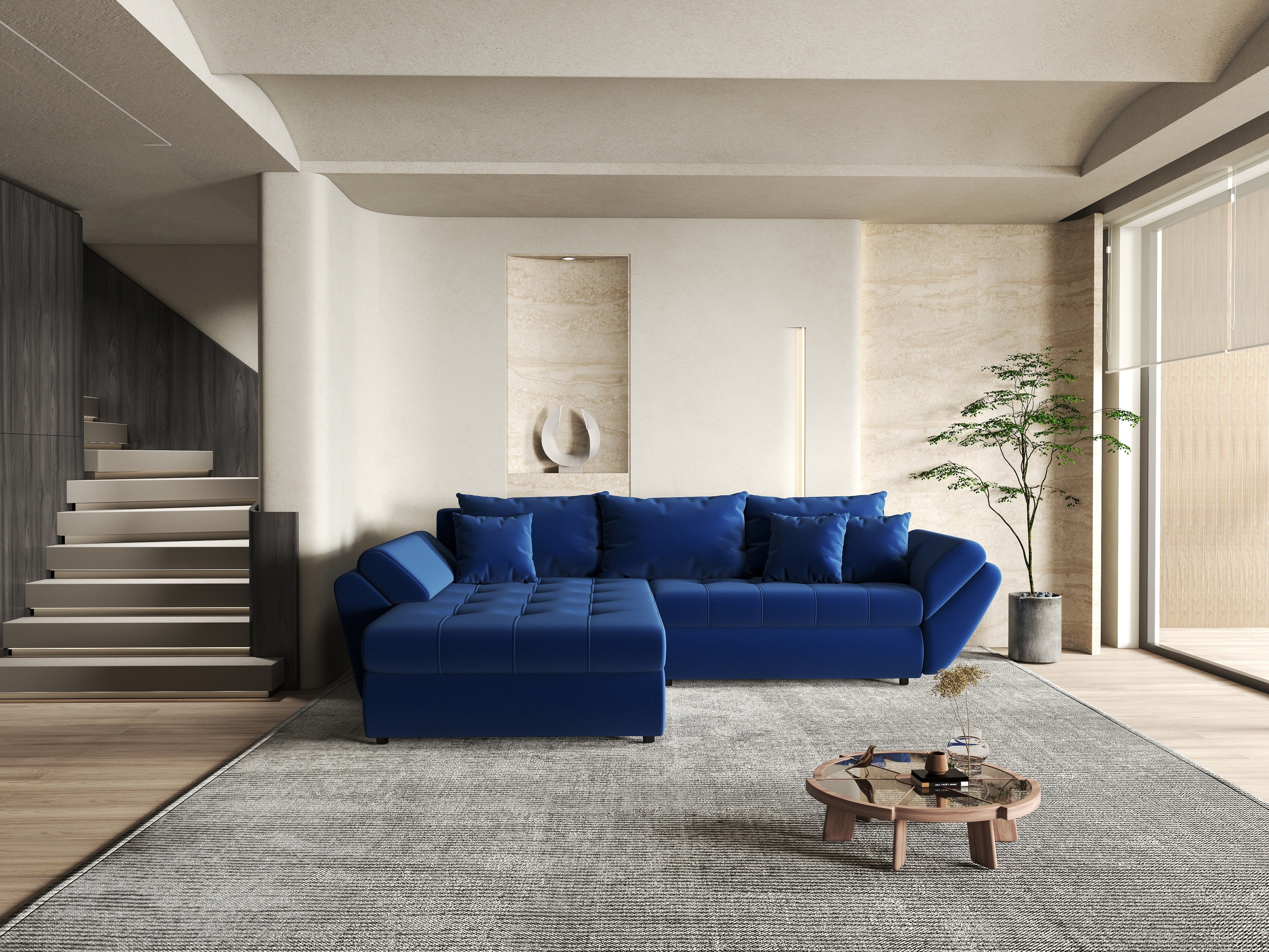 Colțar extensibil dumonde cu ladă de depozitare si sezut confortabil din spuma HR, Loana Royal Blue 270x185 cm Fabrica