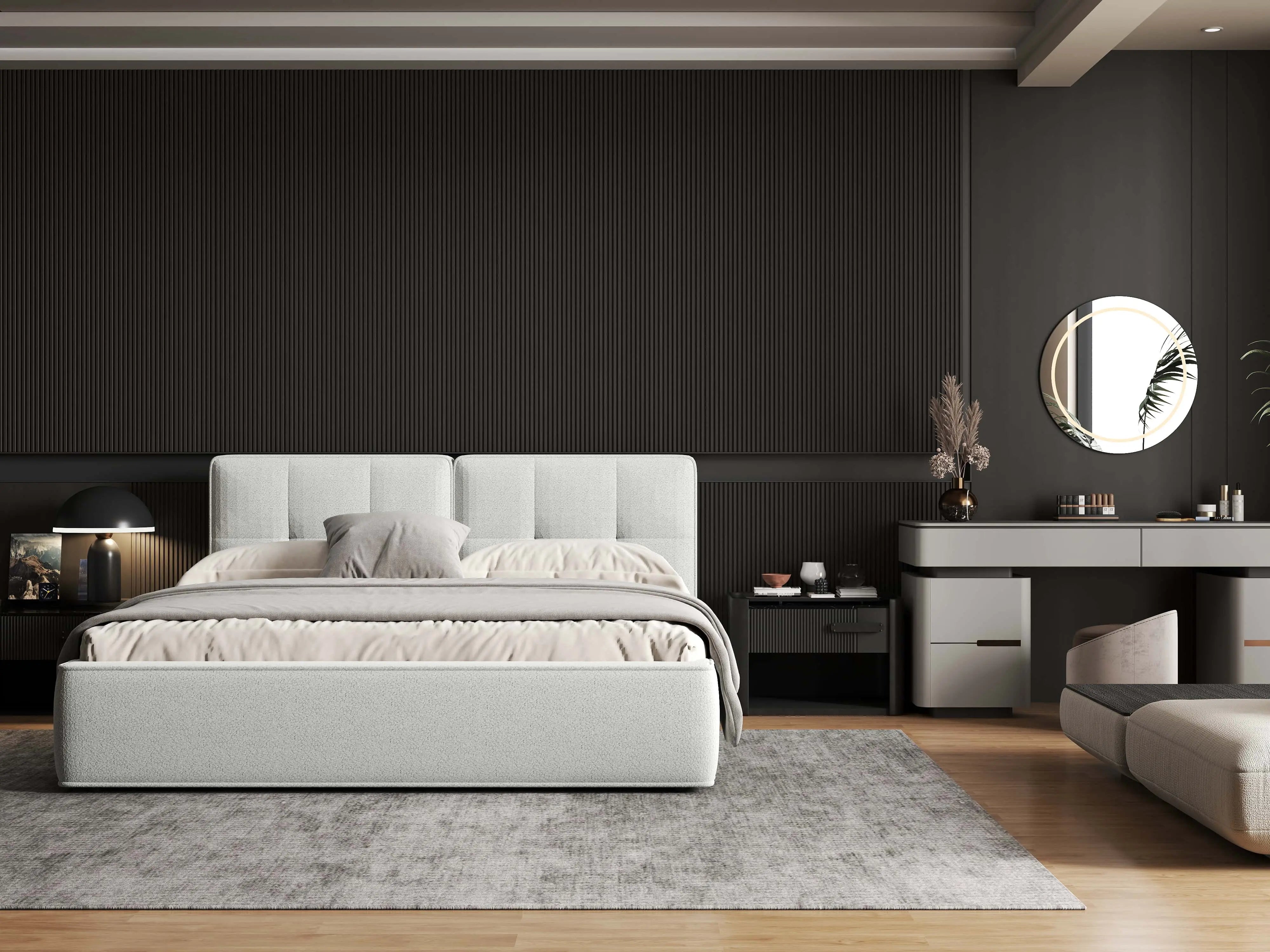 Pat dormitor dumonde, tapitat alb, Madrid 160x200 cm, somiera rabatabila inclusa, spatiu depozitare WLS