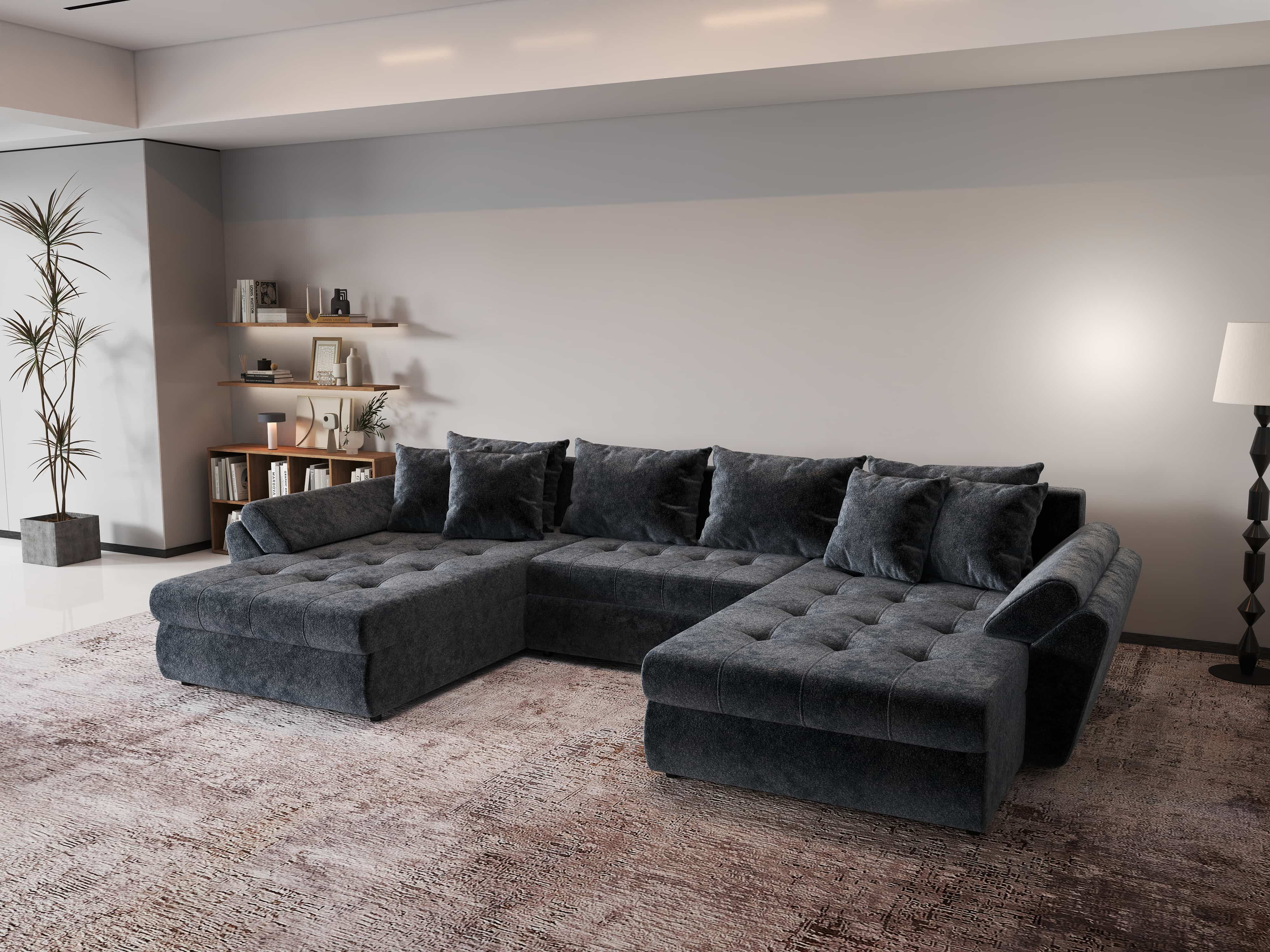 Colțar extensibil dumonde cu ladă de depozitare si sezut confortabil din spuma HR, Loana U Euphoria Grafit 355x185 cm Fabrica