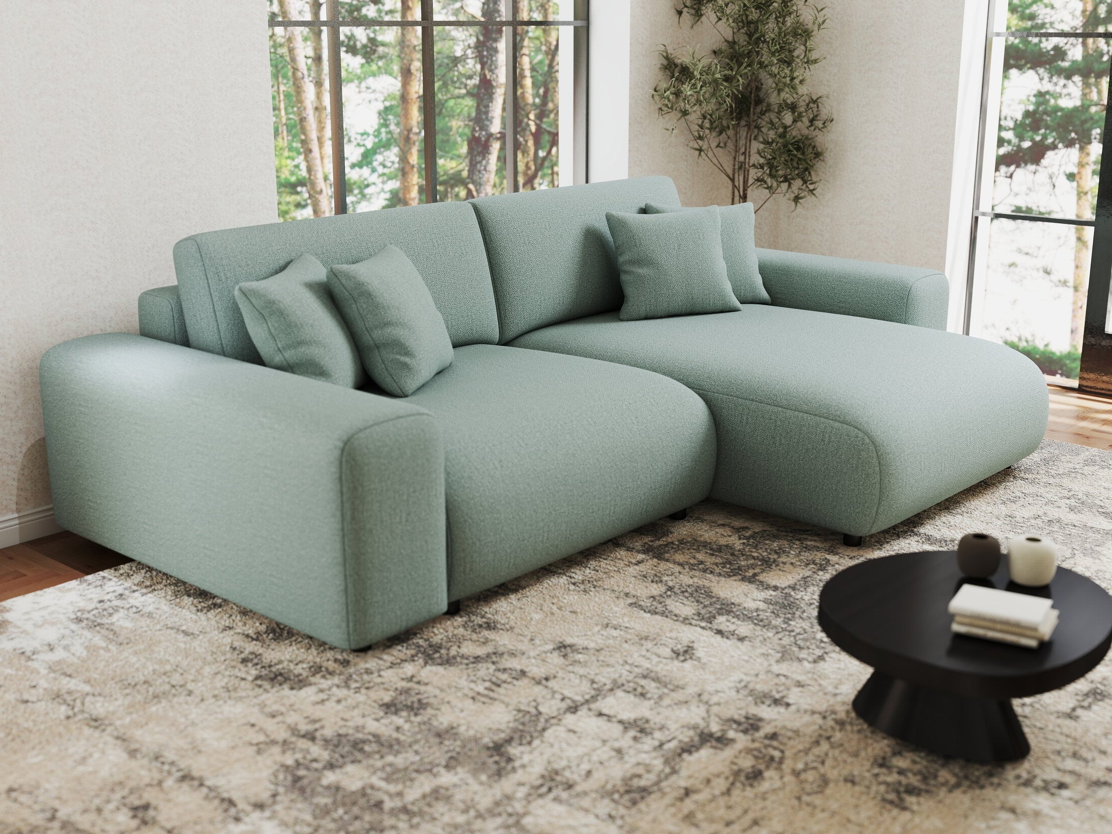 Colțar extensibil dumonde cu ladă de depozitare si sezut confortabil din spuma HR, Sarina Enjoy Verde Mint 255x168 cm II