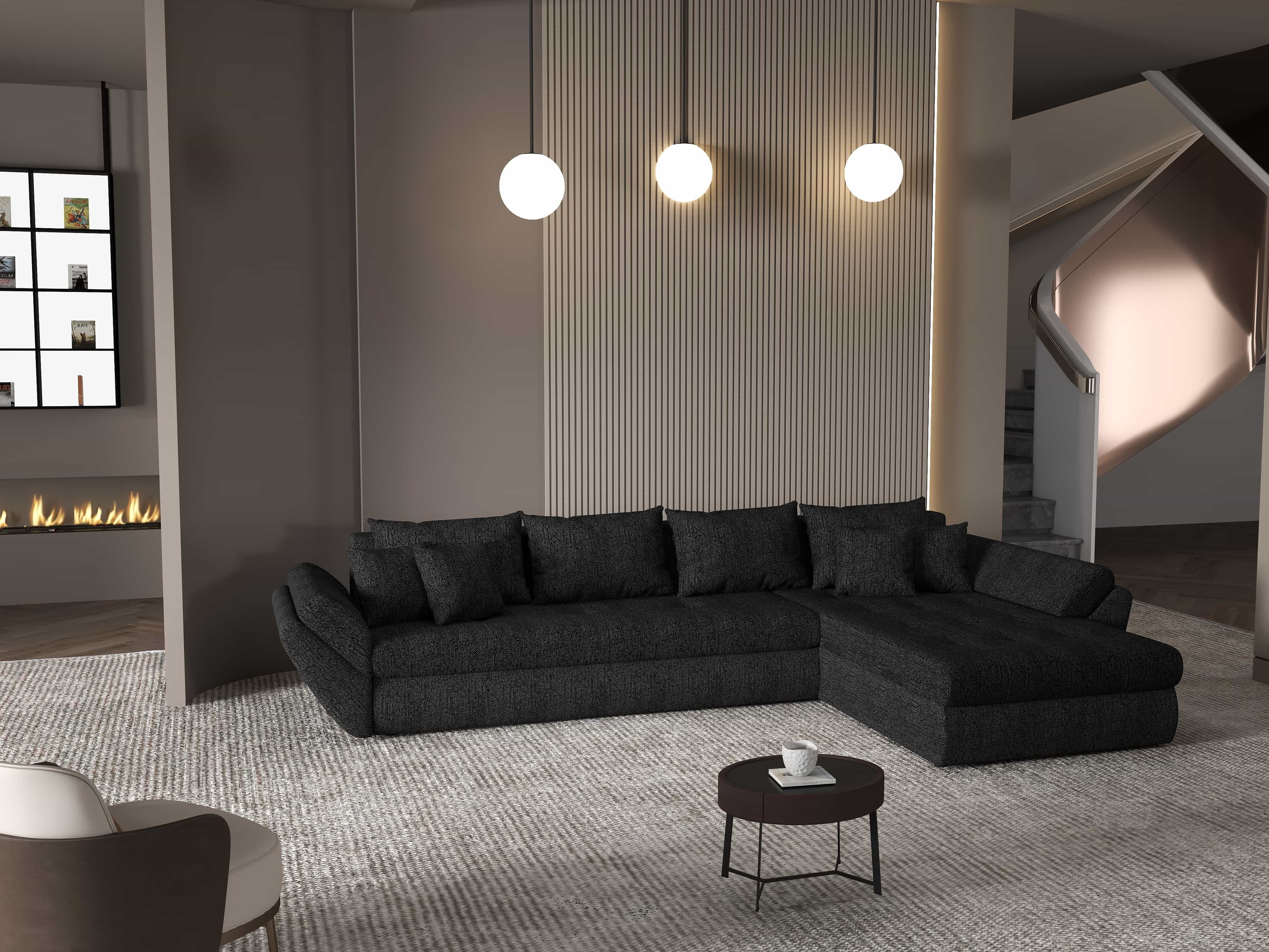 Colțar extensibil dumonde cu ladă de depozitare si sezut confortabil din spuma HR, Loana XL Enjoy Negru II 335x185 cm Fabrica