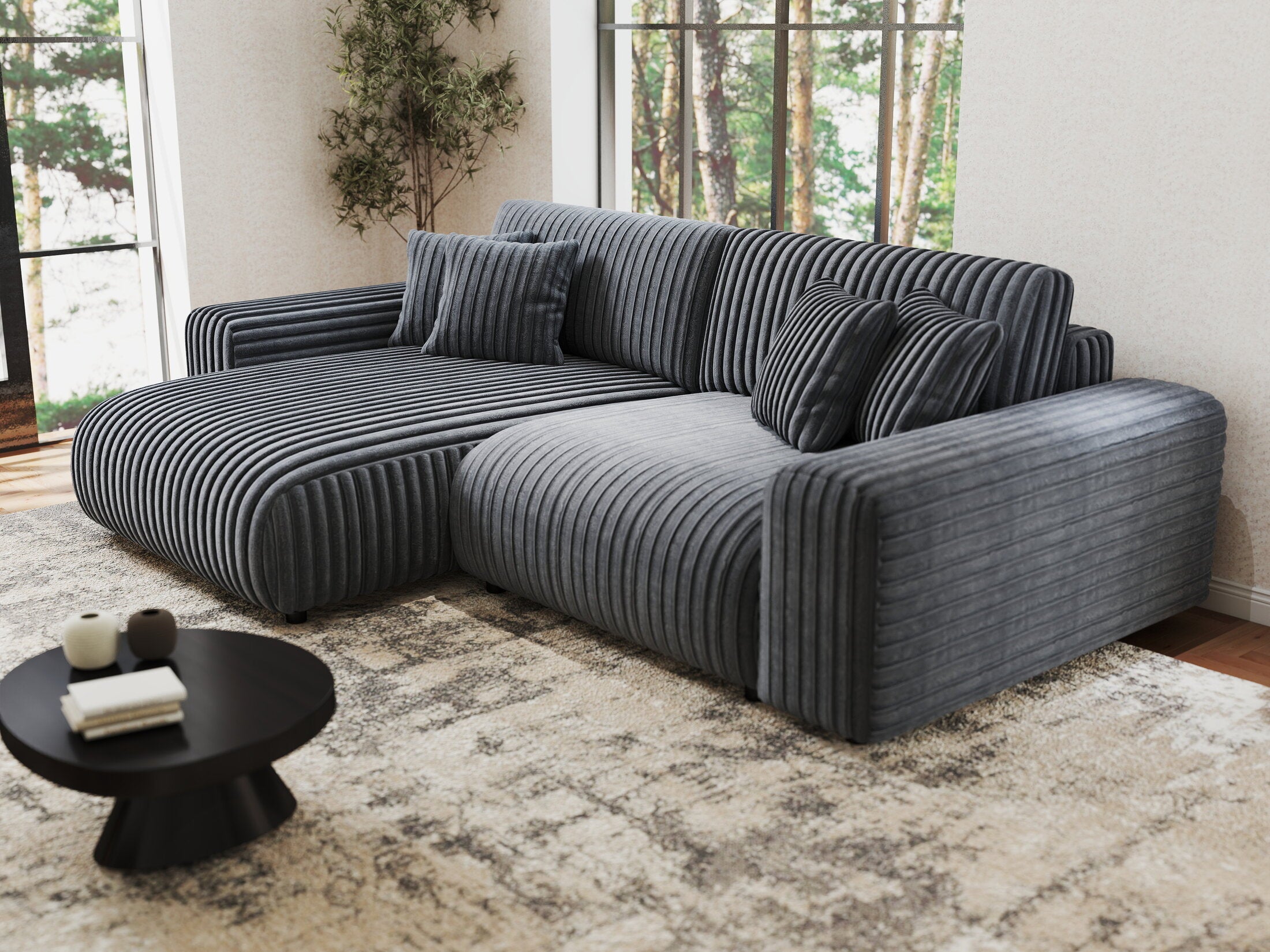 Colțar extensibil dumonde cu ladă de depozitare si sezut confortabil din spuma HR, Sarina Ambience Gri 255x168 cm