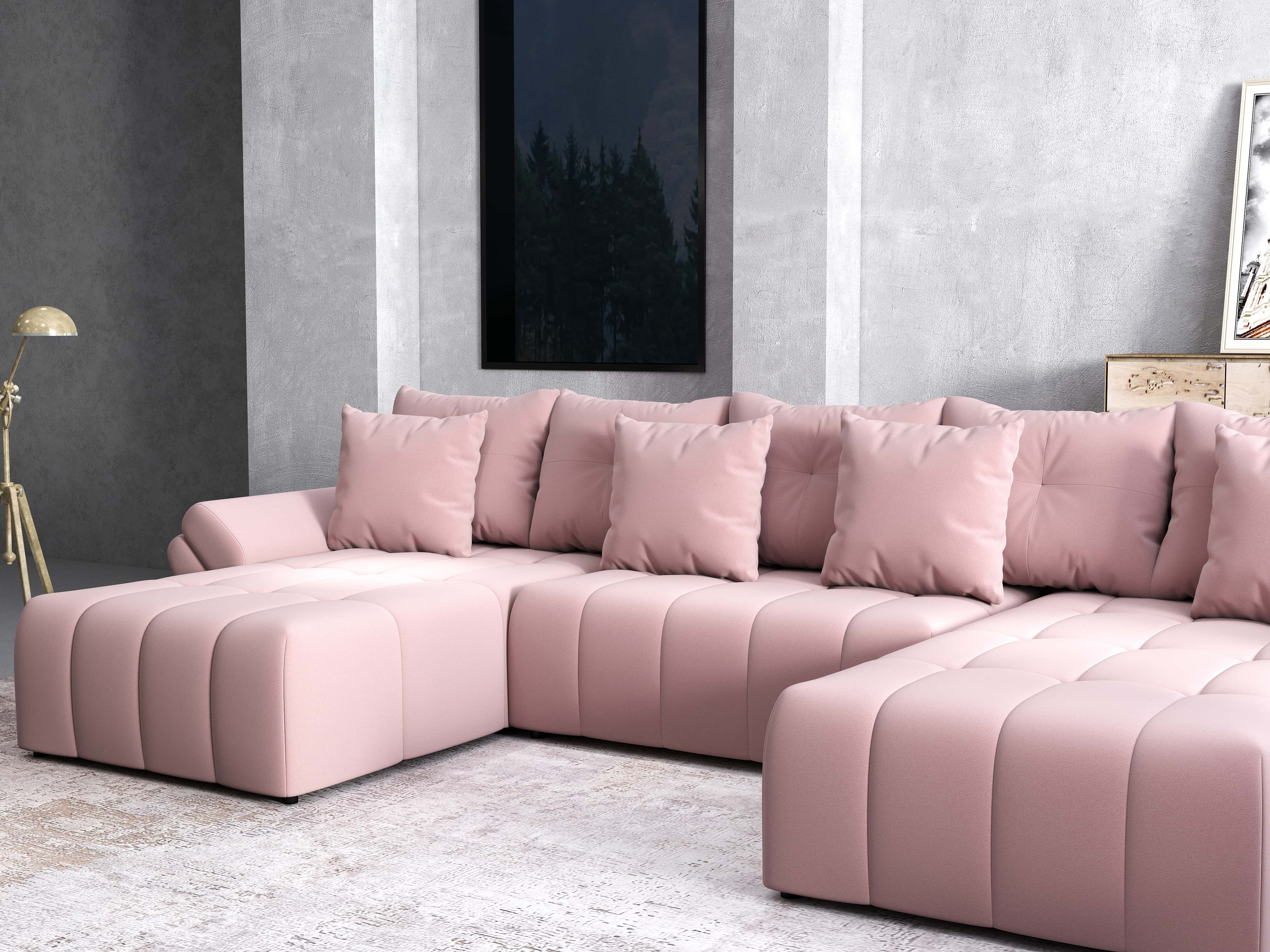 Colțar extensibil dumonde cu ladă de depozitare si sezut confortabil din spuma HR, Berlin U Royal Roz 380x180 cm Fabrica