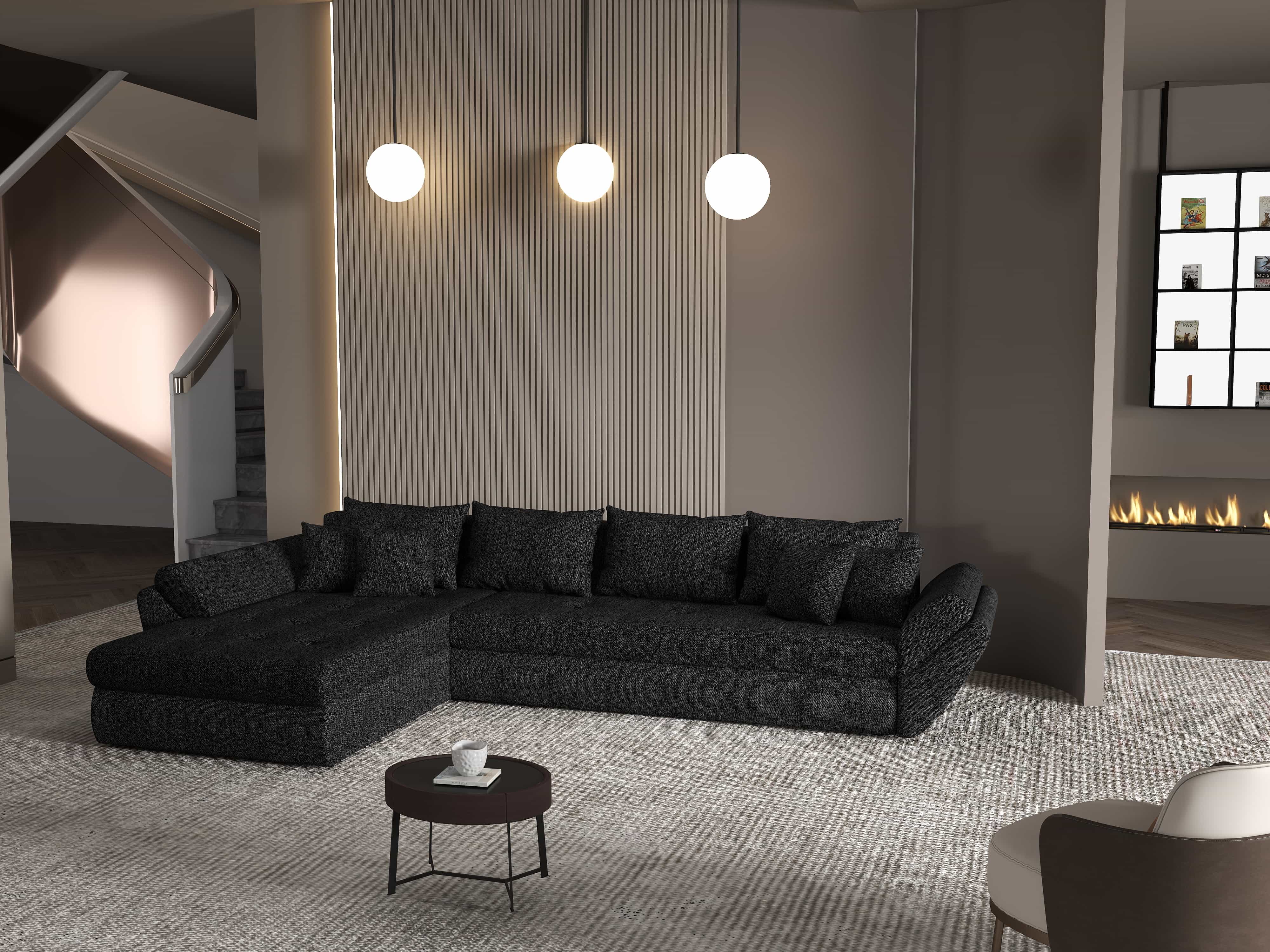 Colțar extensibil dumonde cu ladă de depozitare si sezut confortabil din spuma HR, Loana XL Enjoy Negru 335x185 cm Fabrica