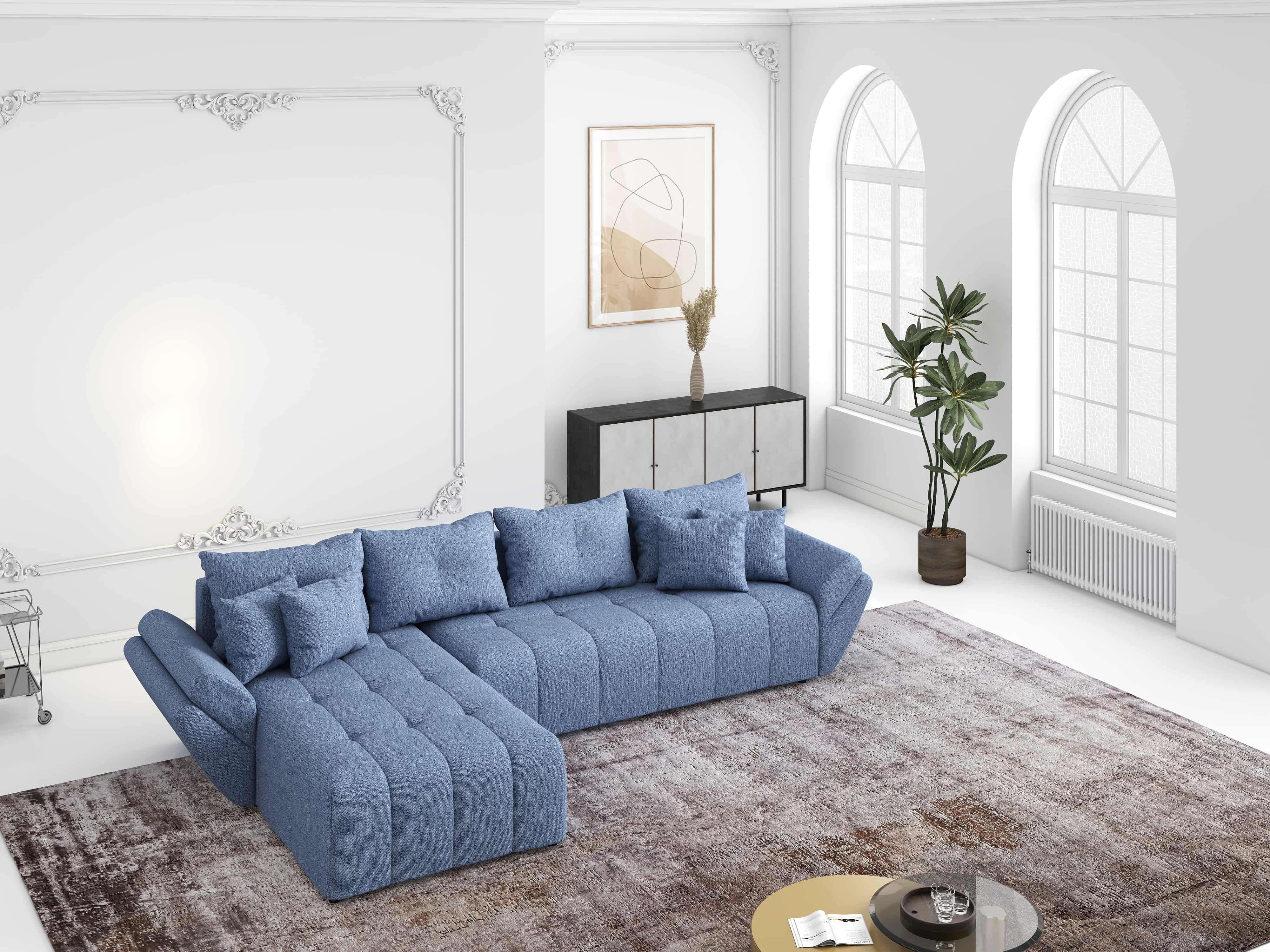 Colțar extensibil dumonde cu ladă de depozitare si sezut confortabil din spuma HR, Berlin XL Enjoy Blue 350x185 cm Fabrica