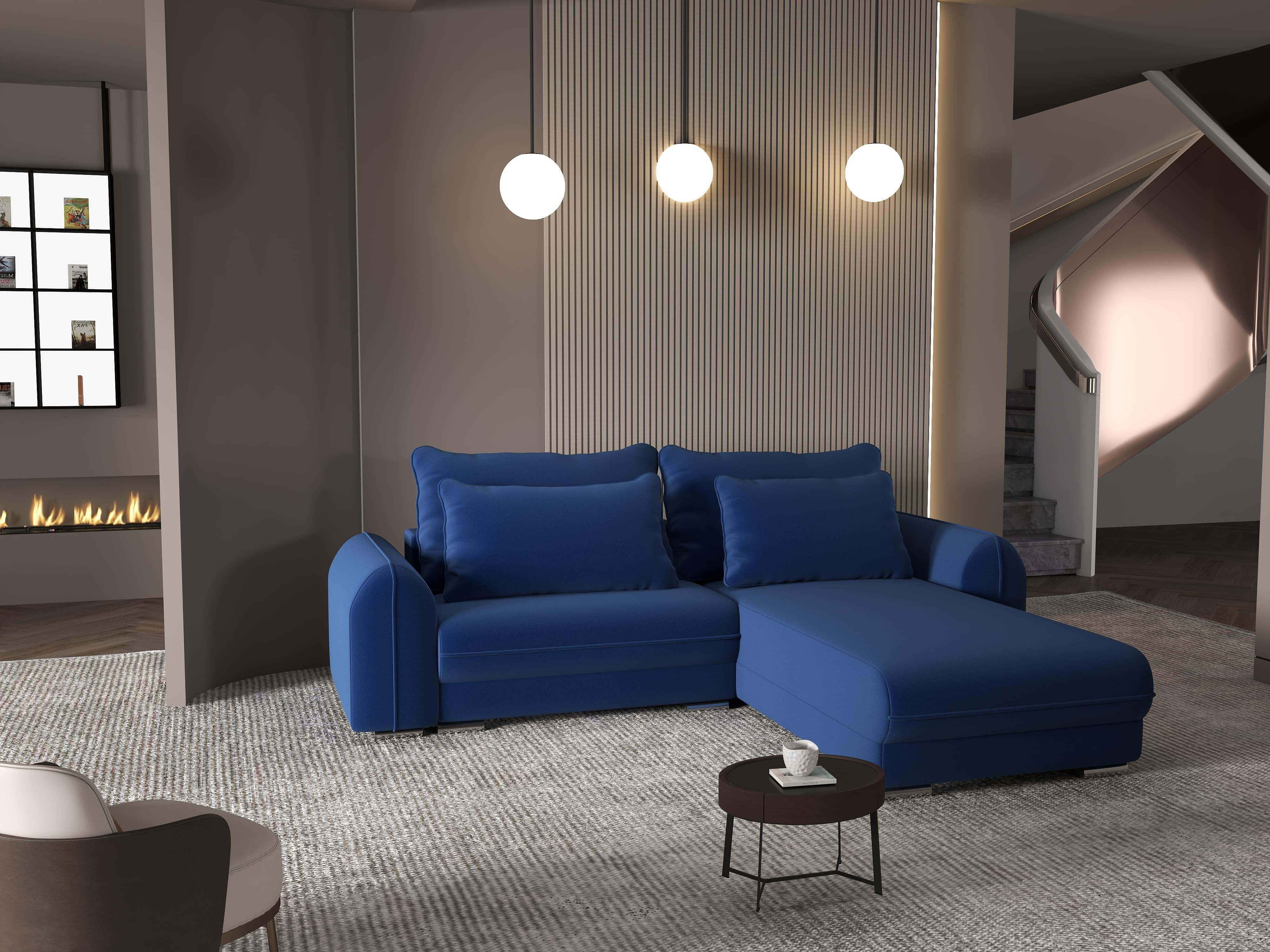 Colțar extensibil dumonde cu ladă de depozitare si sezut confortabil din spuma HR, Denver Royal Albastru 275x185 cm II Fabrica