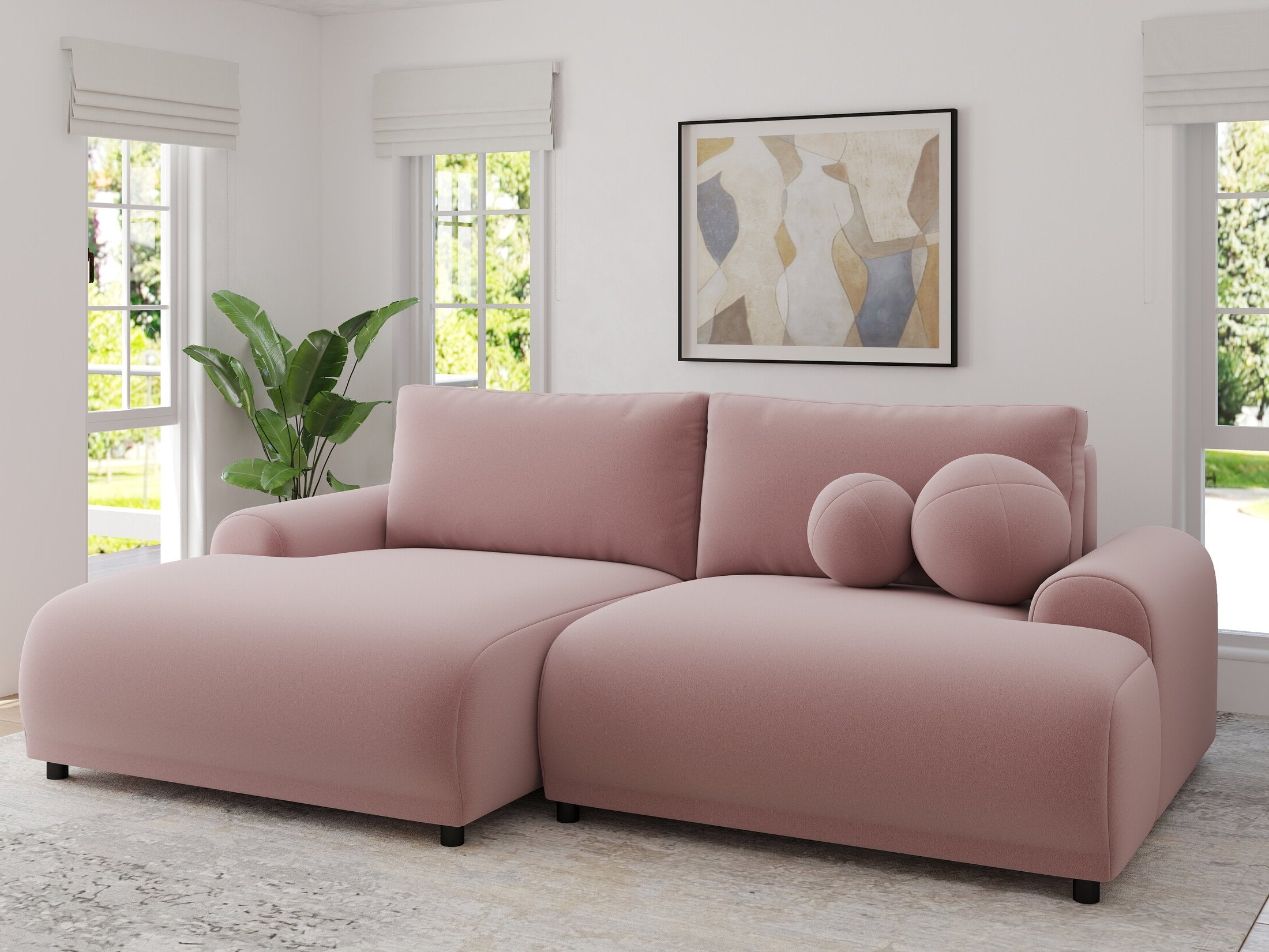 Colțar extensibil dumonde cu ladă de depozitare și șezut confortabil din spumă HR, Carlo Royal Roz 240x145 cm