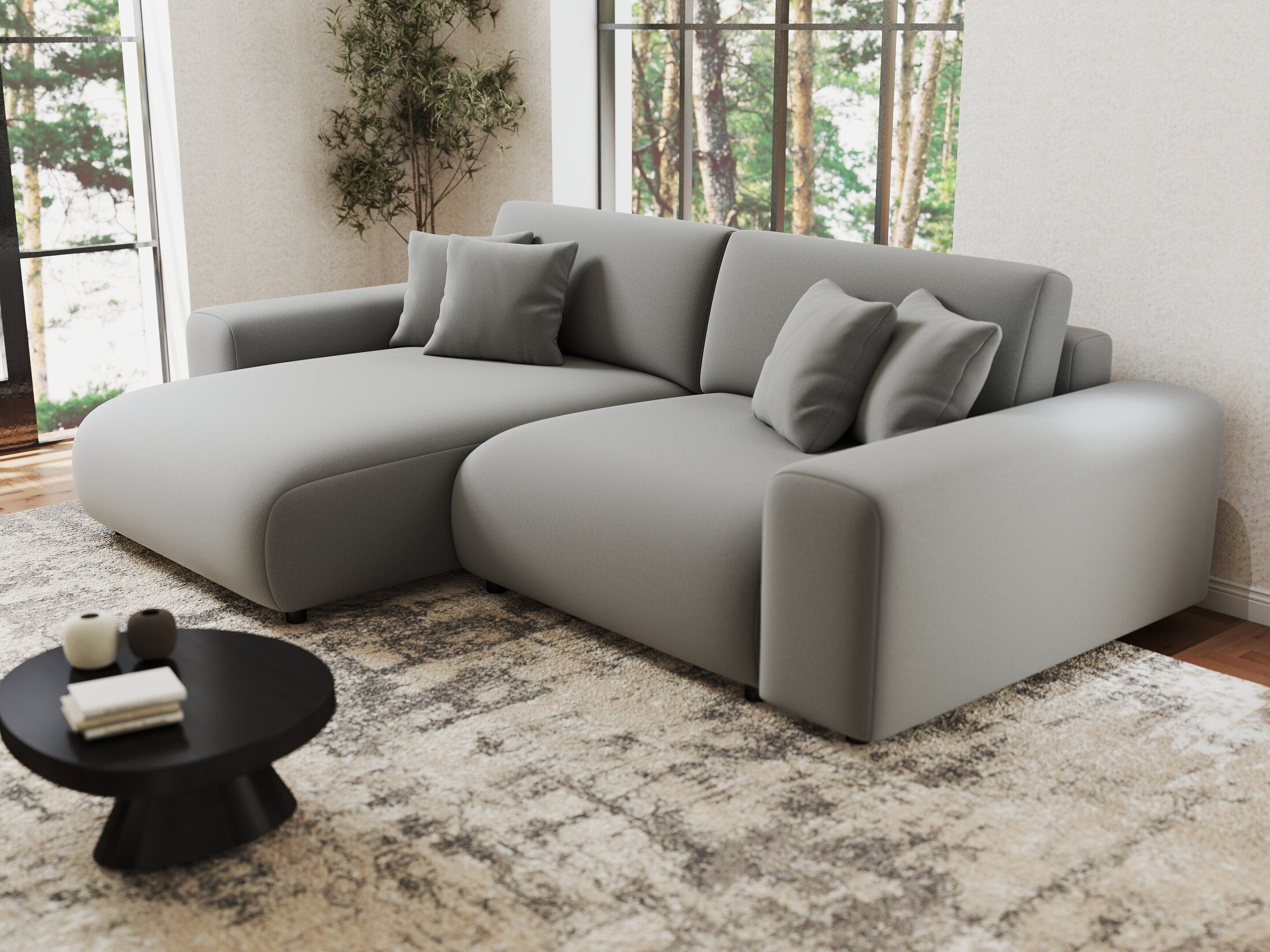 Colțar extensibil dumonde cu ladă de depozitare si sezut confortabil din spuma HR, Sarina Royal Gri 255x168 cm