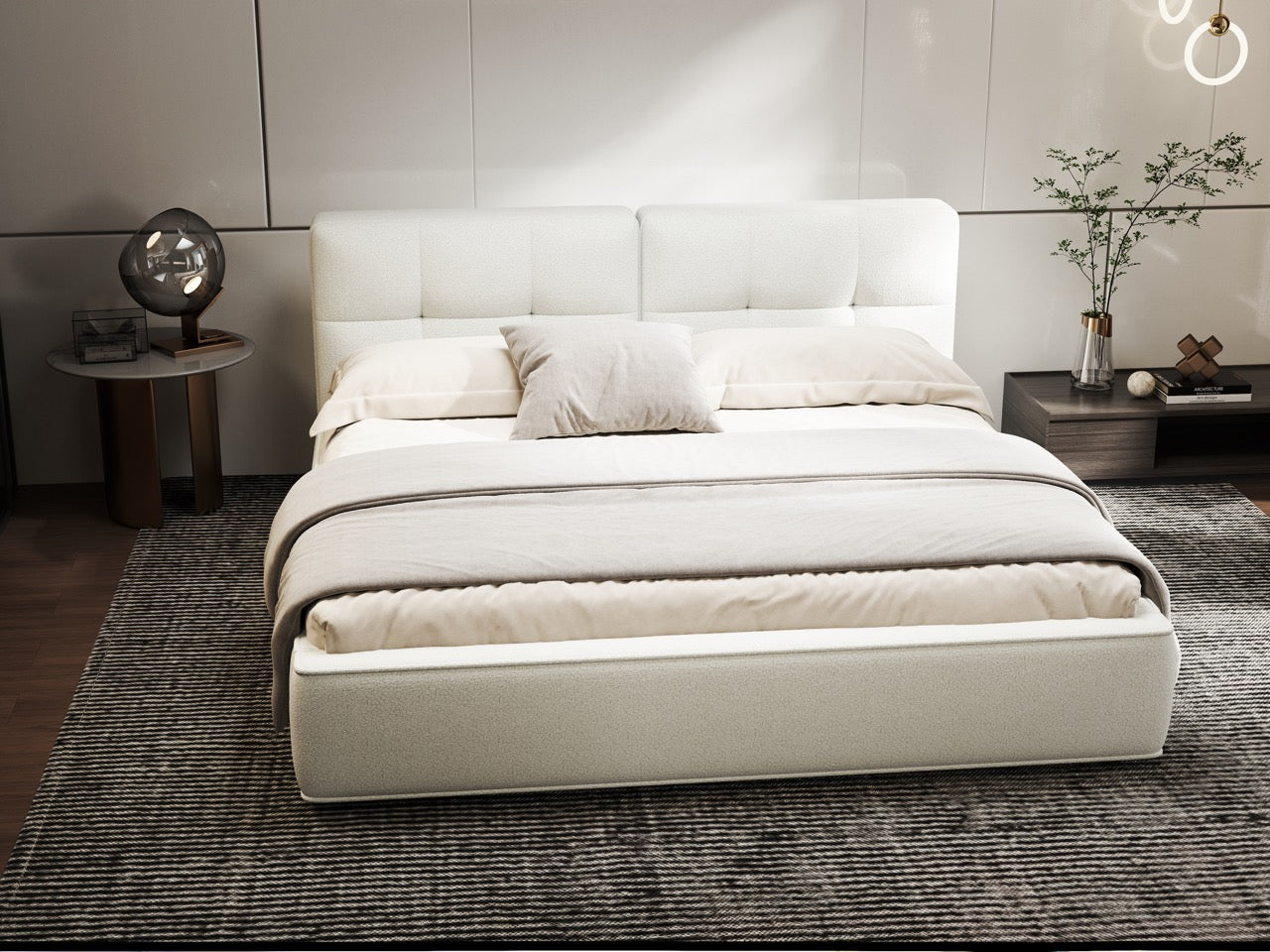 Pat dormitor dumonde, tapitat alb, Madrid 160x200 cm, somiera rabatabila inclusa, spatiu depozitare WLS