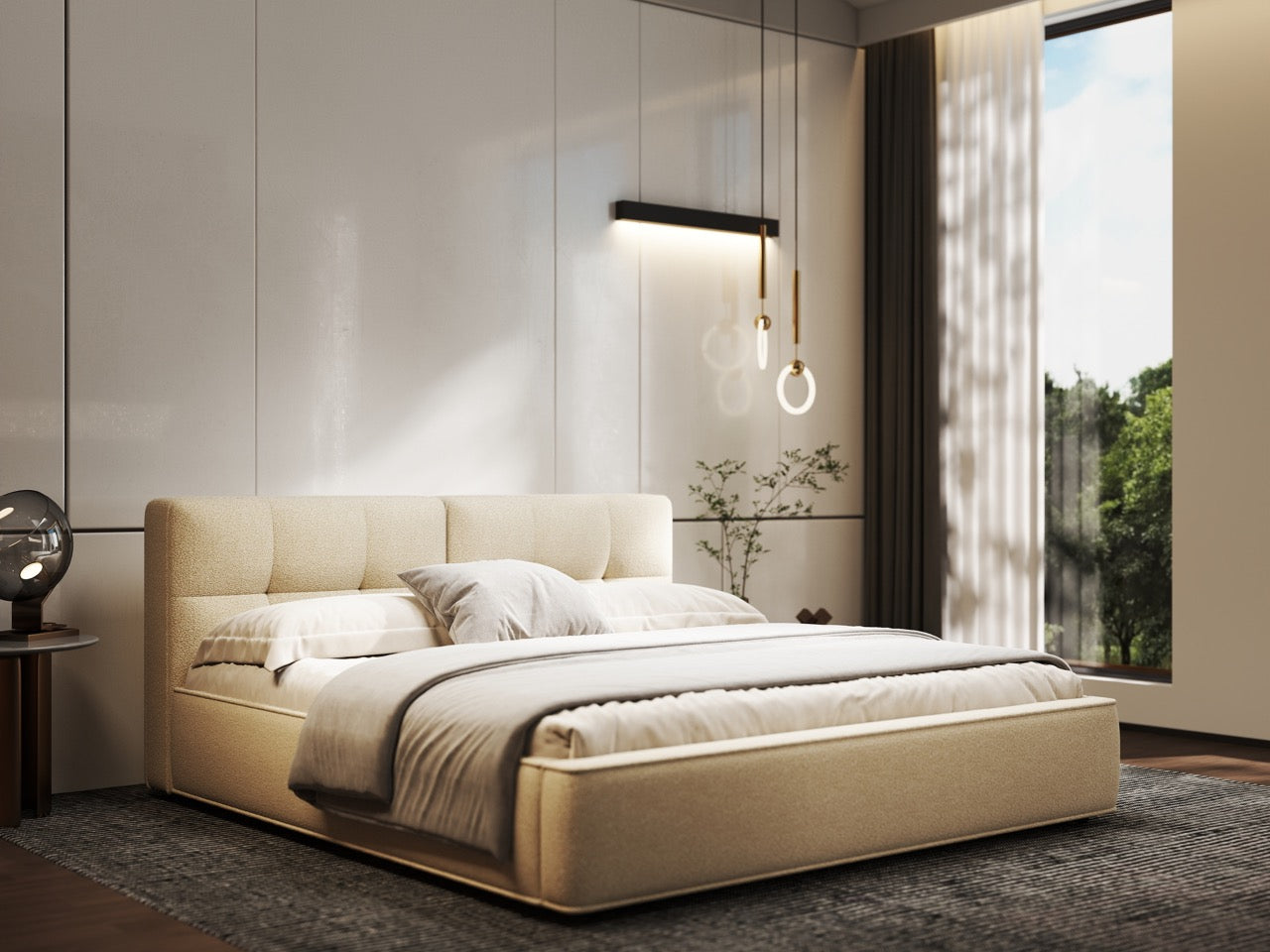 Pat dormitor dumonde, tapitat bej, Madrid 160x200 cm, somiera rabatabila inclusa, spatiu depozitare WLS