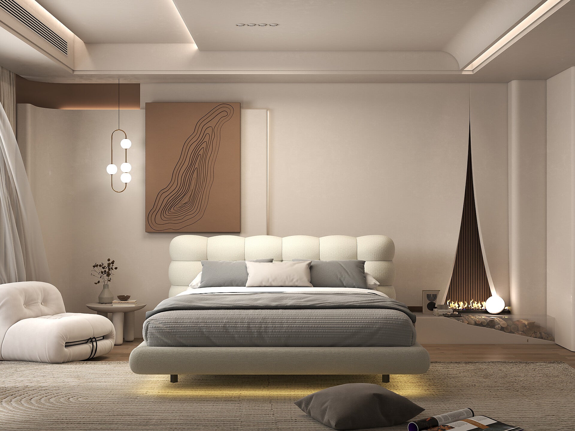 Pat dormitor dumonde, tapitat alb cu LED, "floating bed" Cloud 160x200 cm, somiera inclusa