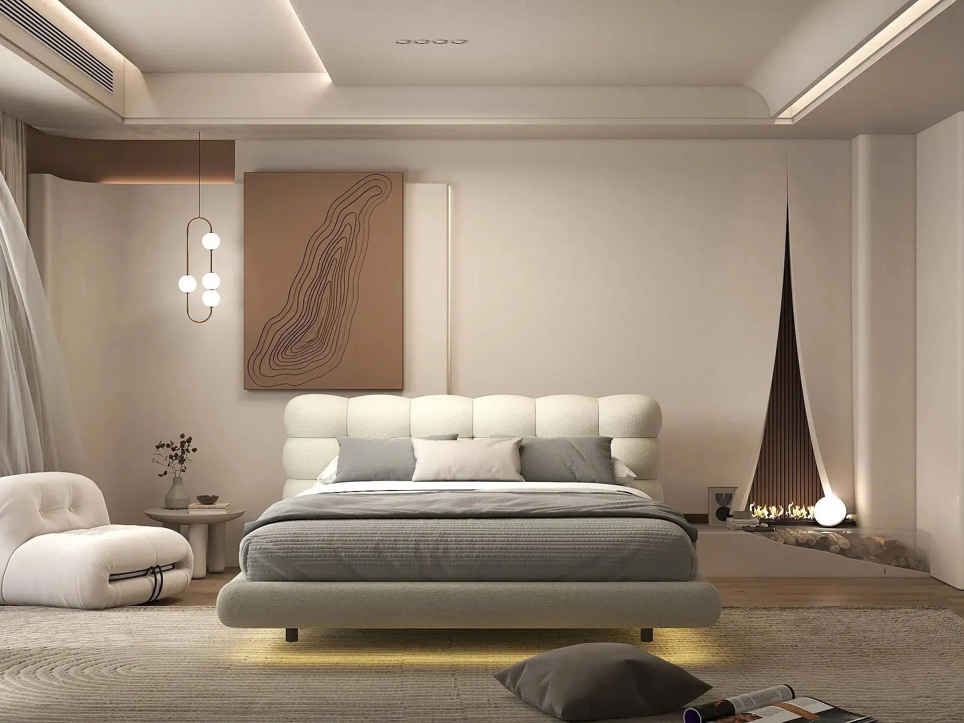 Pat dormitor dumonde, tapitat gri cu LED, "floating bed" Cloud 180x200 cm, somiera inclusa WLS