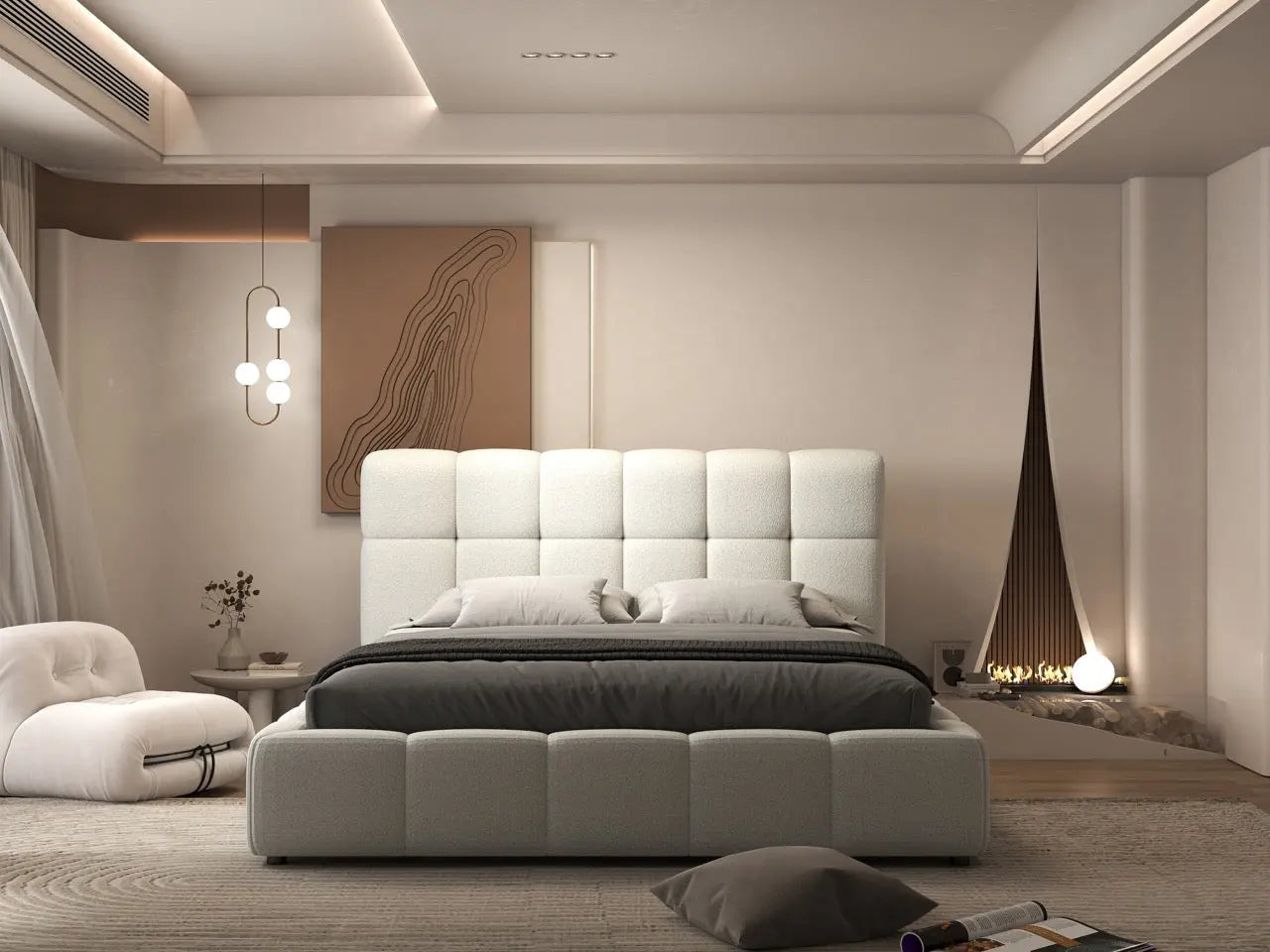 Pat dormitor dumonde, tapitat alb, Lorenzo 160x200 cm, somiera rabatabila inclusa, spatiu depozitare WLS