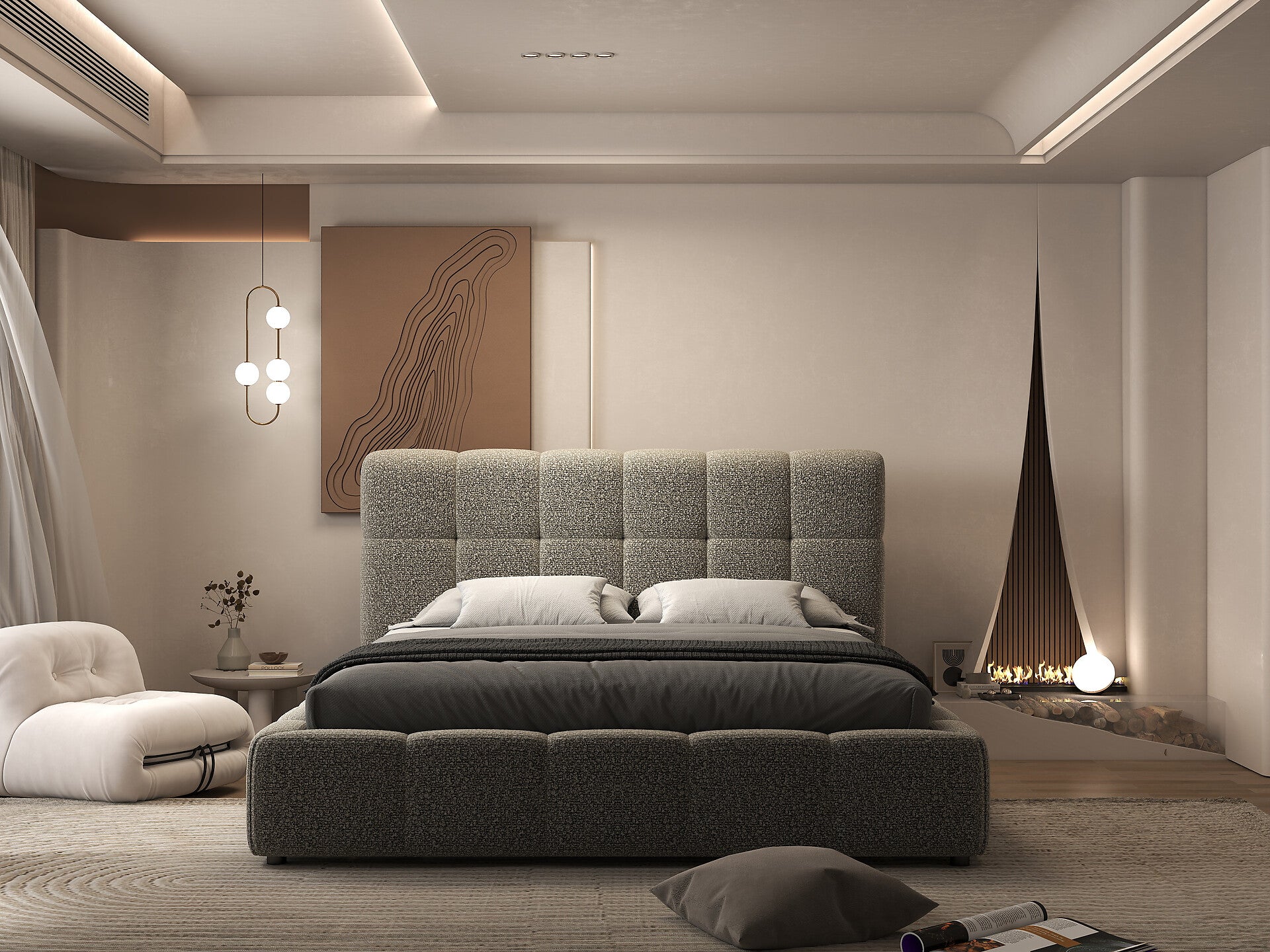 Pat dormitor dumonde, tapitat gri, Lorenzo 140x200 cm, somiera rabatabila inclusa, spatiu depozitare