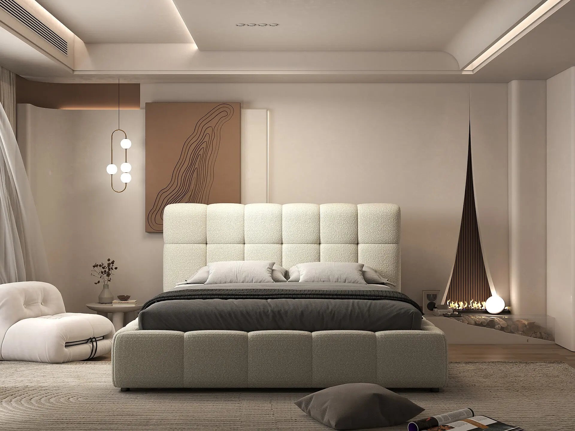 Pat dormitor dumonde, tapitat bej, Lorenzo 160x200 cm, somiera rabatabila inclusa, spatiu depozitare WLS