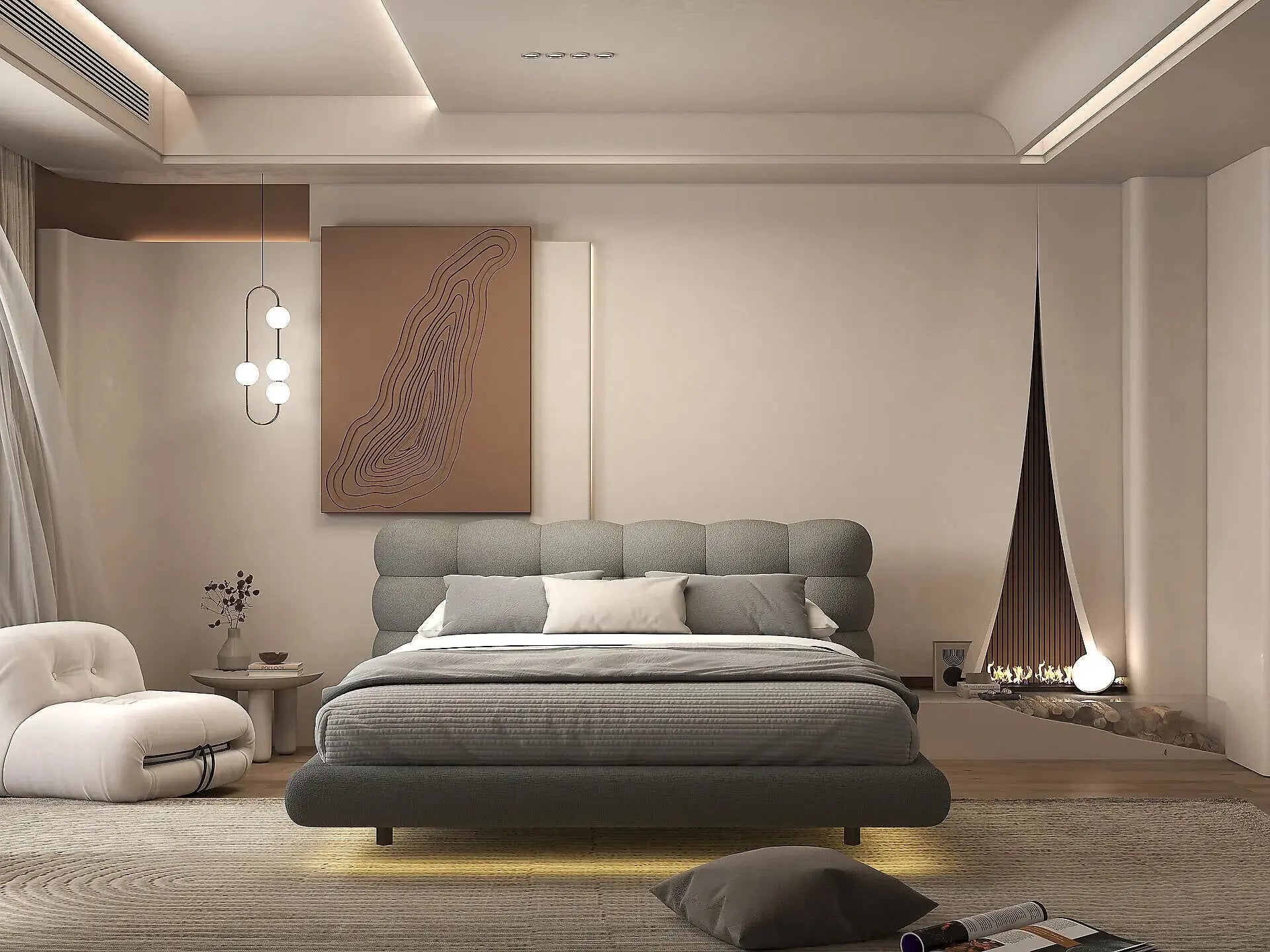 Pat dormitor dumonde, tapitat gri cu LED, "floating bed" Cloud 160x200 cm, somiera inclusa WLS