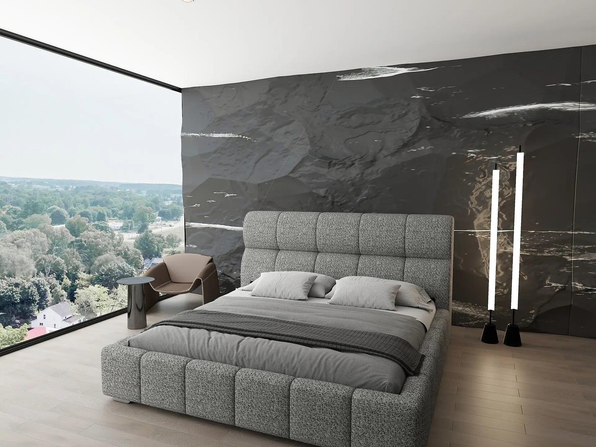 Pat dormitor dumonde, tapitat bej, Prestige 180x200 cm, somiera rabatabila inclusa, spatiu depozitare WLS