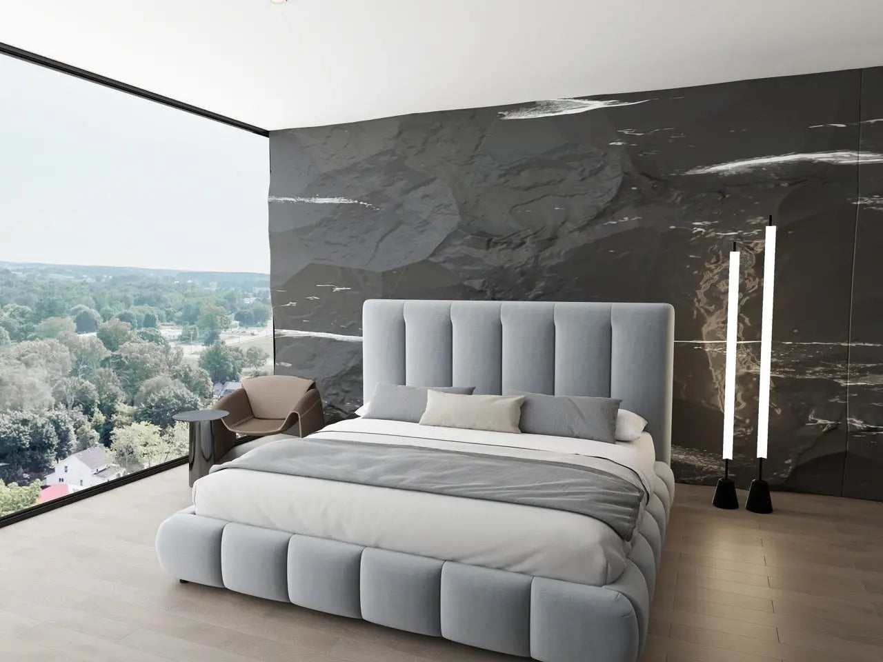 Pat dormitor dumonde, tapitat gri, Divaneo 180x200 cm, somiera rabatabila inclusa, spatiu depozitare WLS