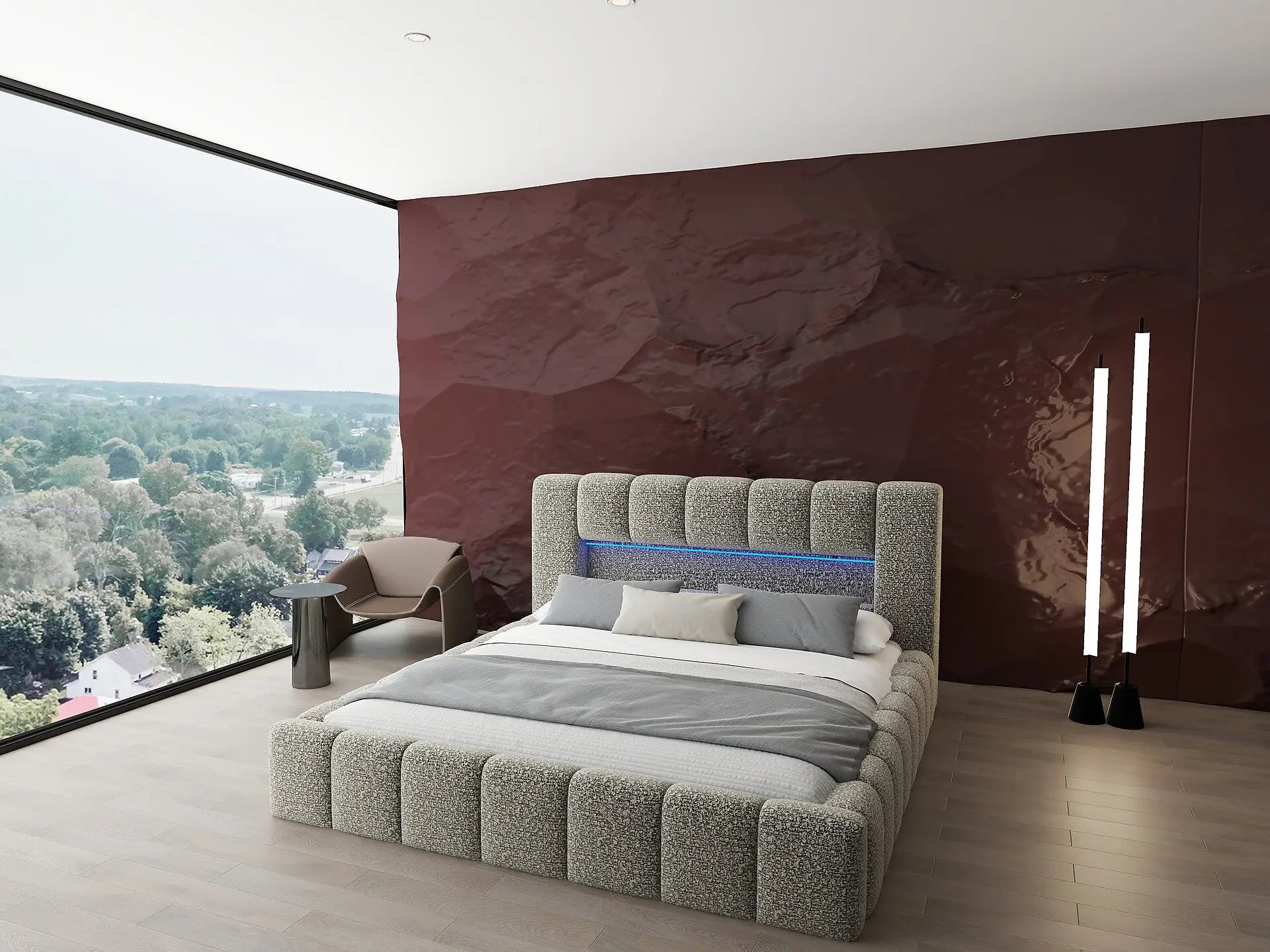 Pat dormitor dumonde, tapitat bej cu LED si USB, Palermo 160x200 cm, somiera rabatabila inclusa, spatiu depozitare WLS