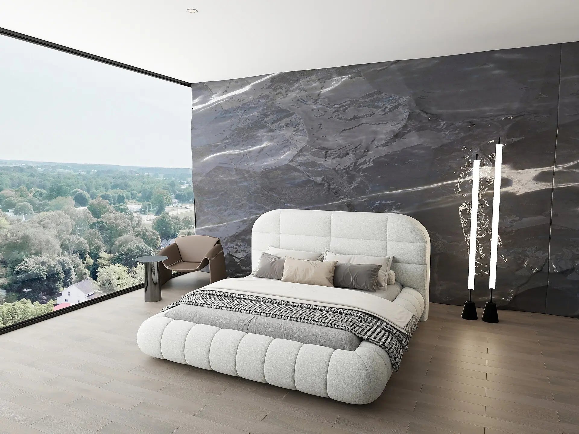 Pat dormitor dumonde, tapitat alb, Senso 160x200 cm, somiera rabatabila inclusa, spatiu depozitare WLS