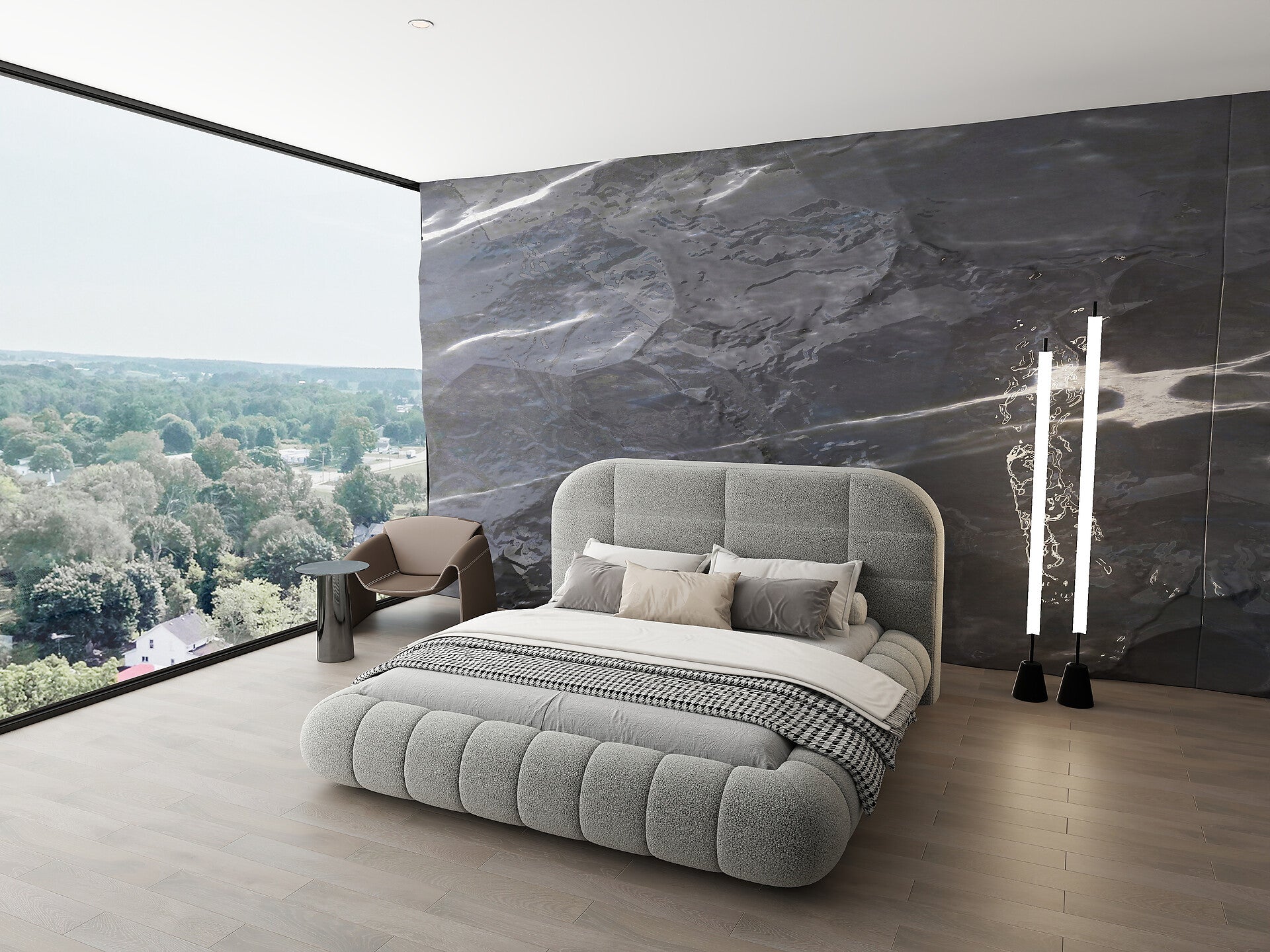 Pat dormitor dumonde, tapitat gri, Senso 160x200 cm, somiera rabatabila inclusa, spatiu depozitare