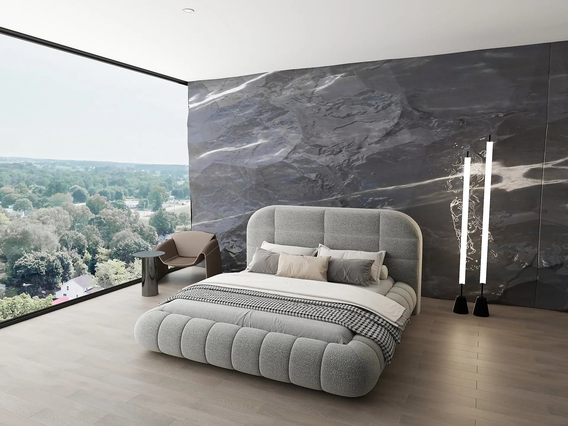 Pat dormitor dumonde, tapitat gri, Senso 160x200 cm, somiera rabatabila inclusa, spatiu depozitare WLS