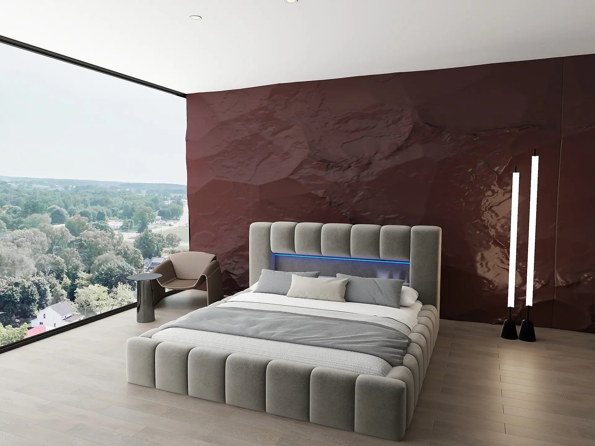 Pat dormitor dumonde, tapitat bej cu LED si USB, Palermo 180x200 cm, somiera rabatabila inclusa, spatiu depozitare WLS