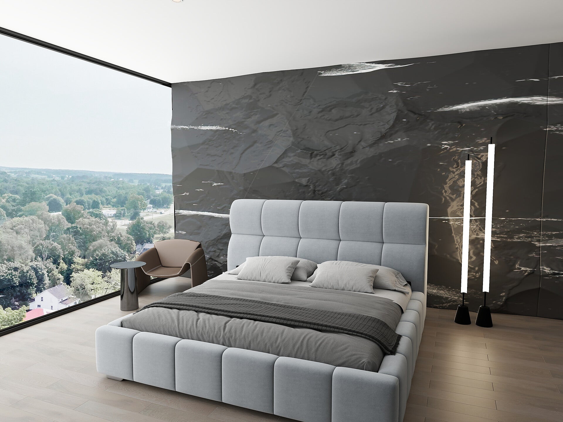 Pat dormitor dumonde, tapitat gri, Prestige 160x200 cm, somiera rabatabila inclusa, spatiu depozitare